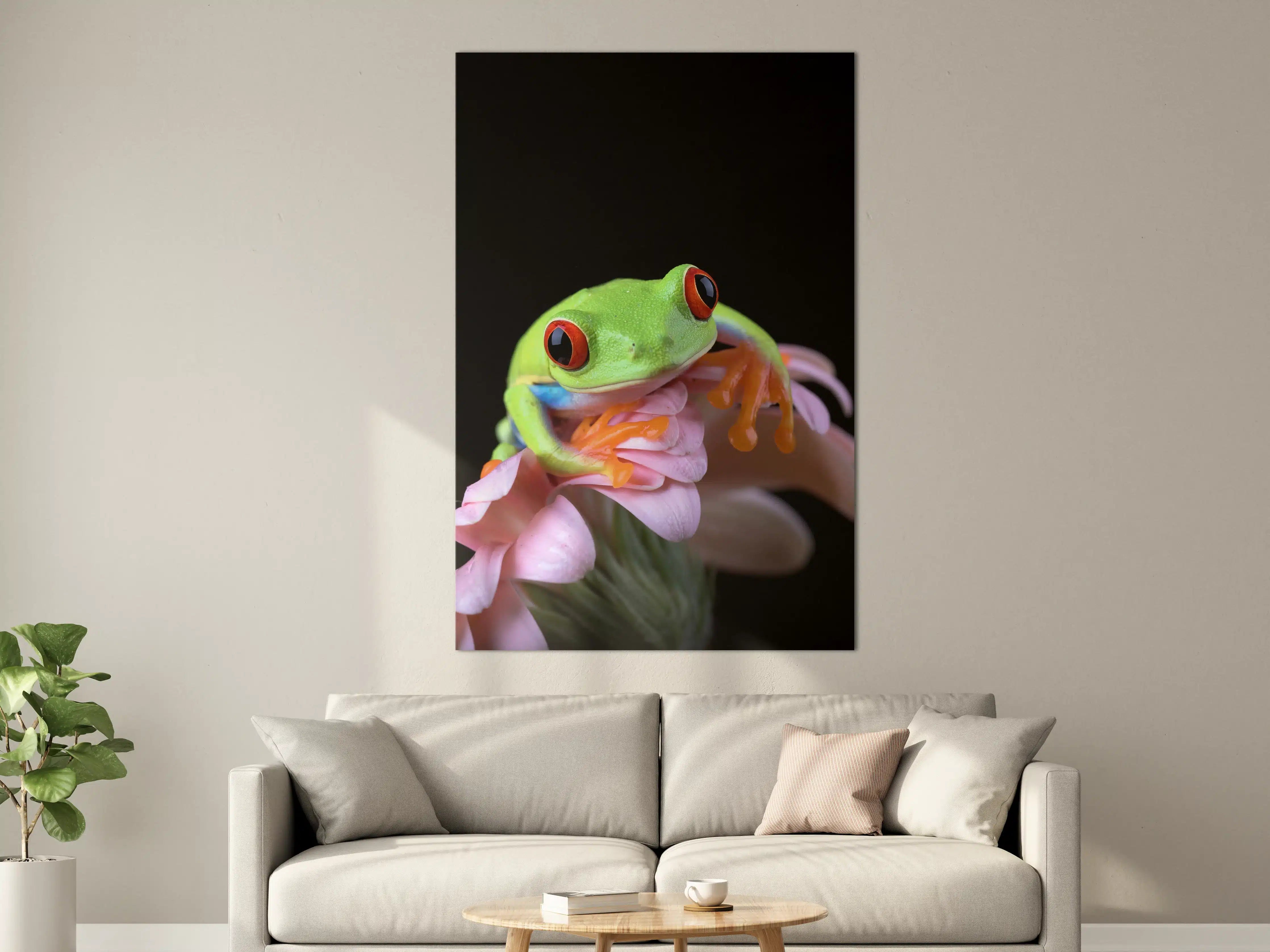 Große Wandbilder - Neongrüner Frosch auf blumigem Hintergrund
