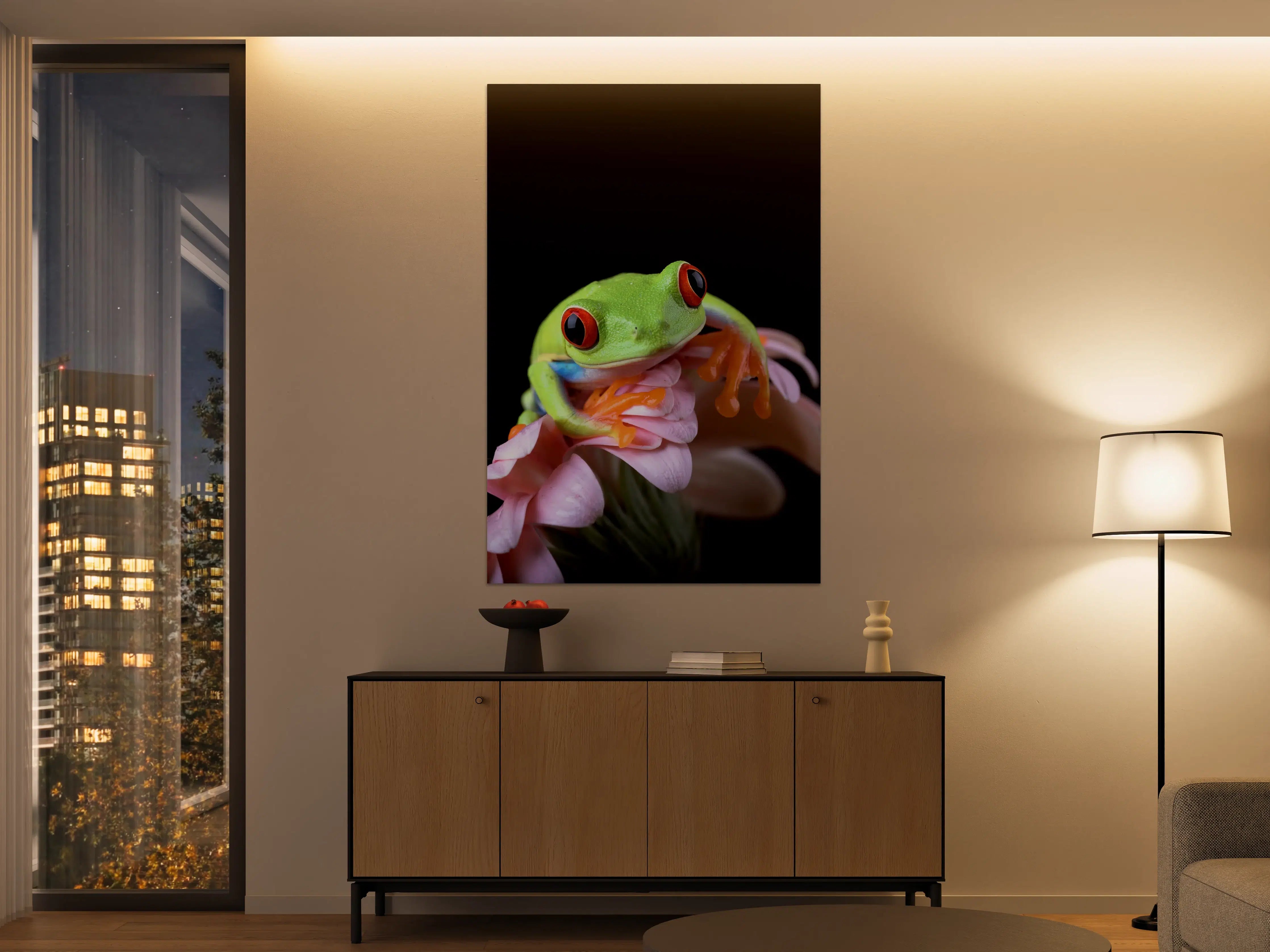Große Wandbilder - Neongrüner Frosch auf blumigem Hintergrund