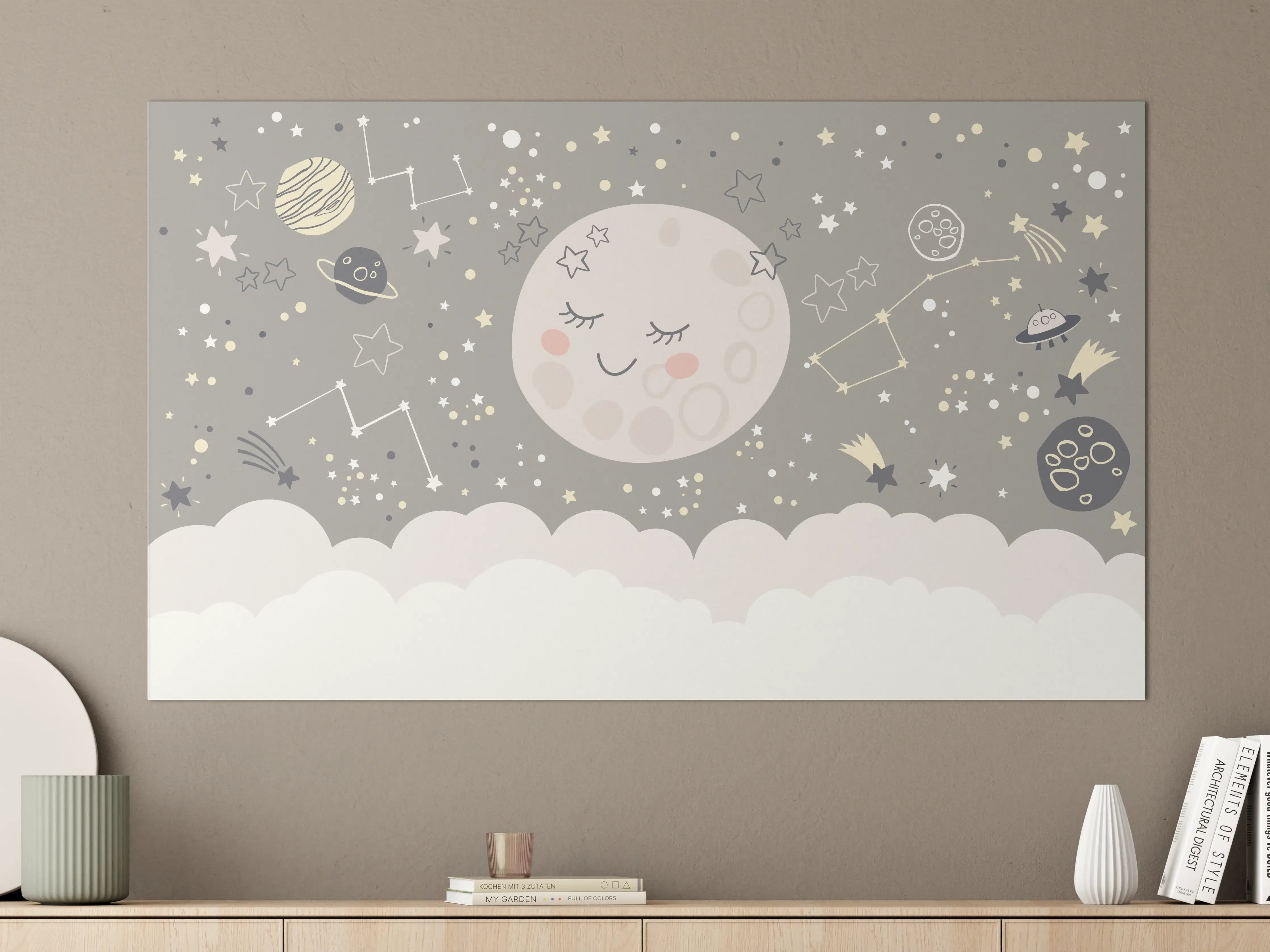 Große Wandbilder - Niedliche Mond- und Sternenillustration in Grau und Weiß
