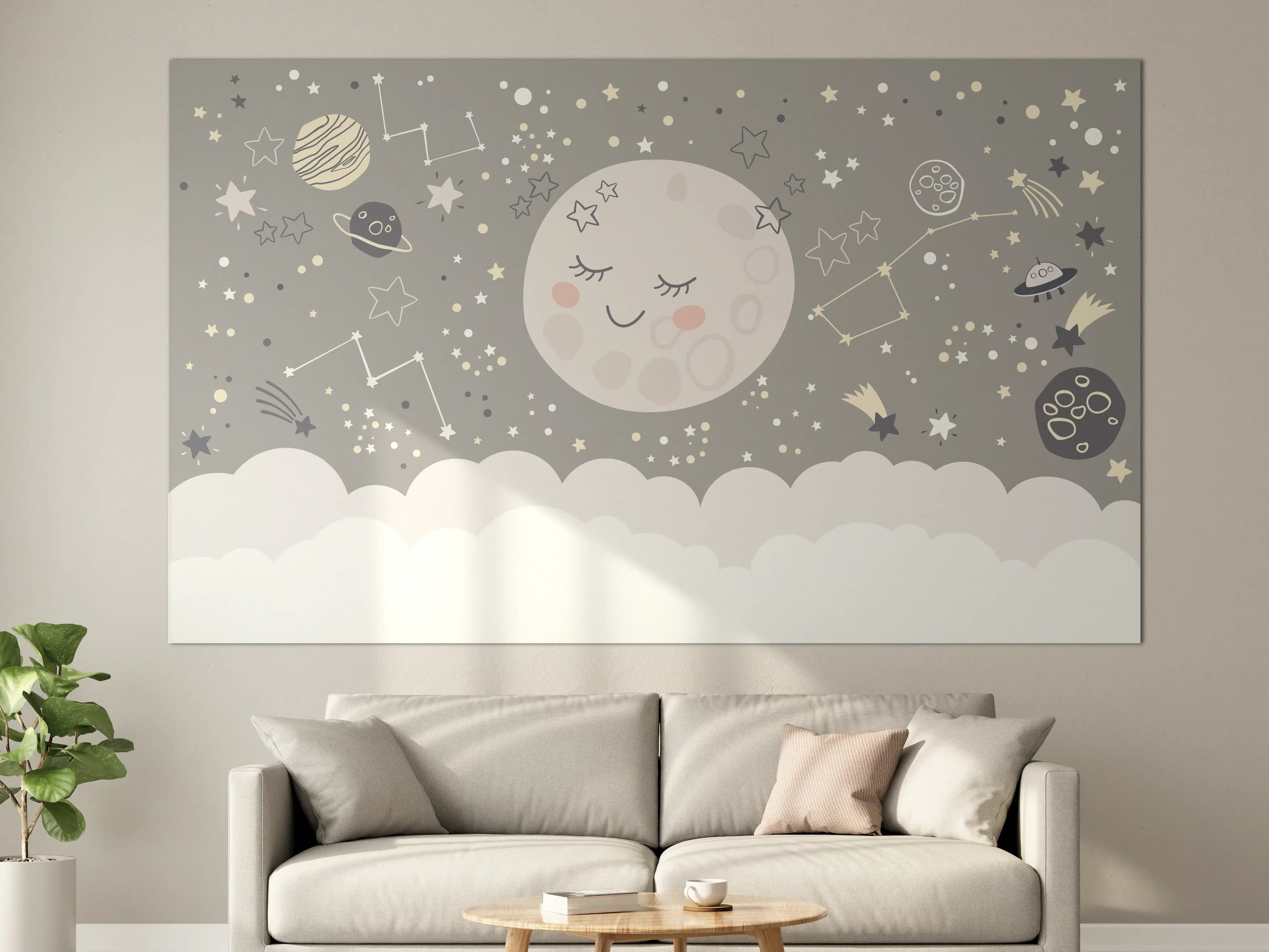 Große Wandbilder - Niedliche Mond- und Sternenillustration in Grau und Weiß