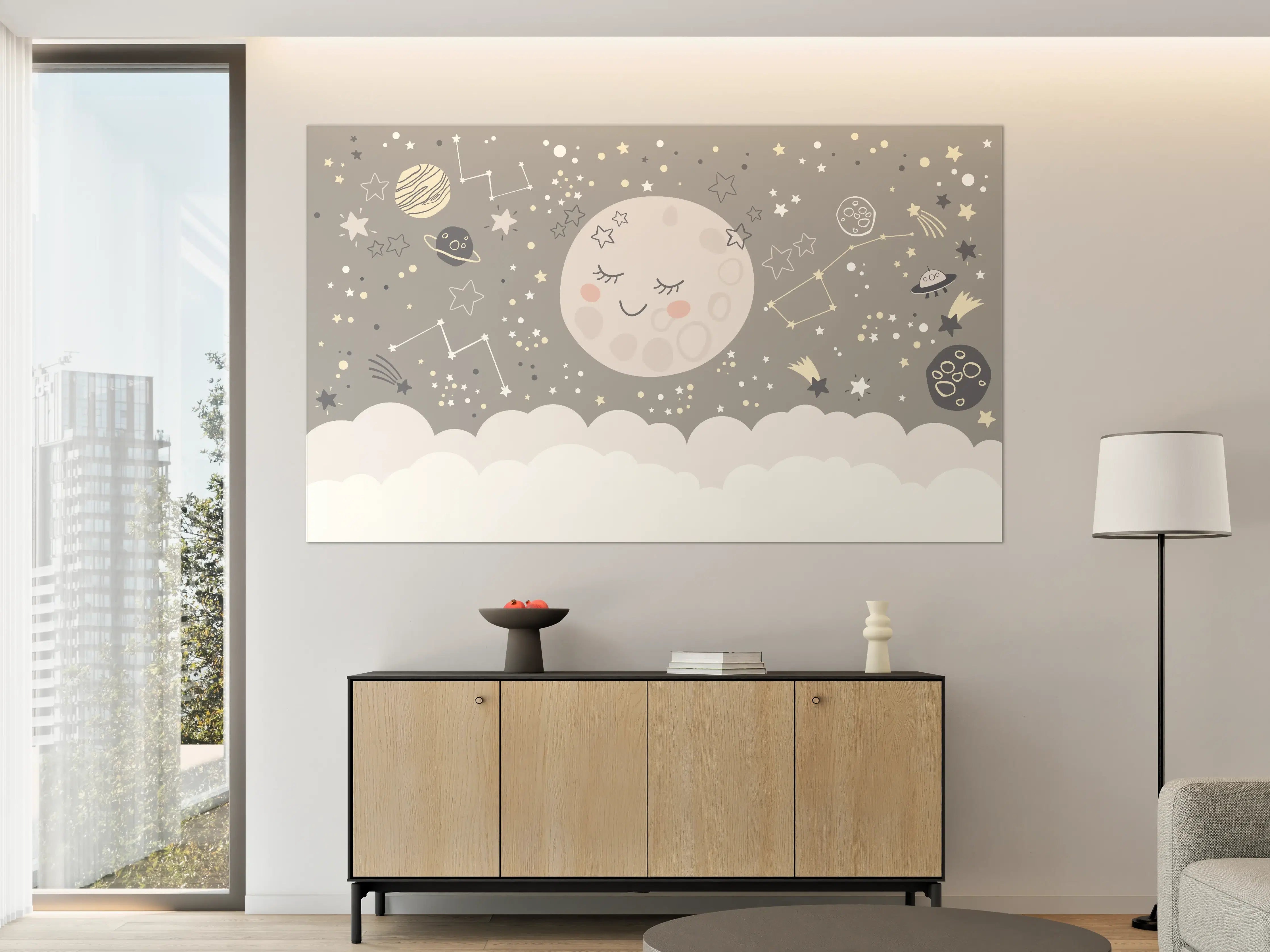 Große Wandbilder - Niedliche Mond- und Sternenillustration in Grau und Weiß