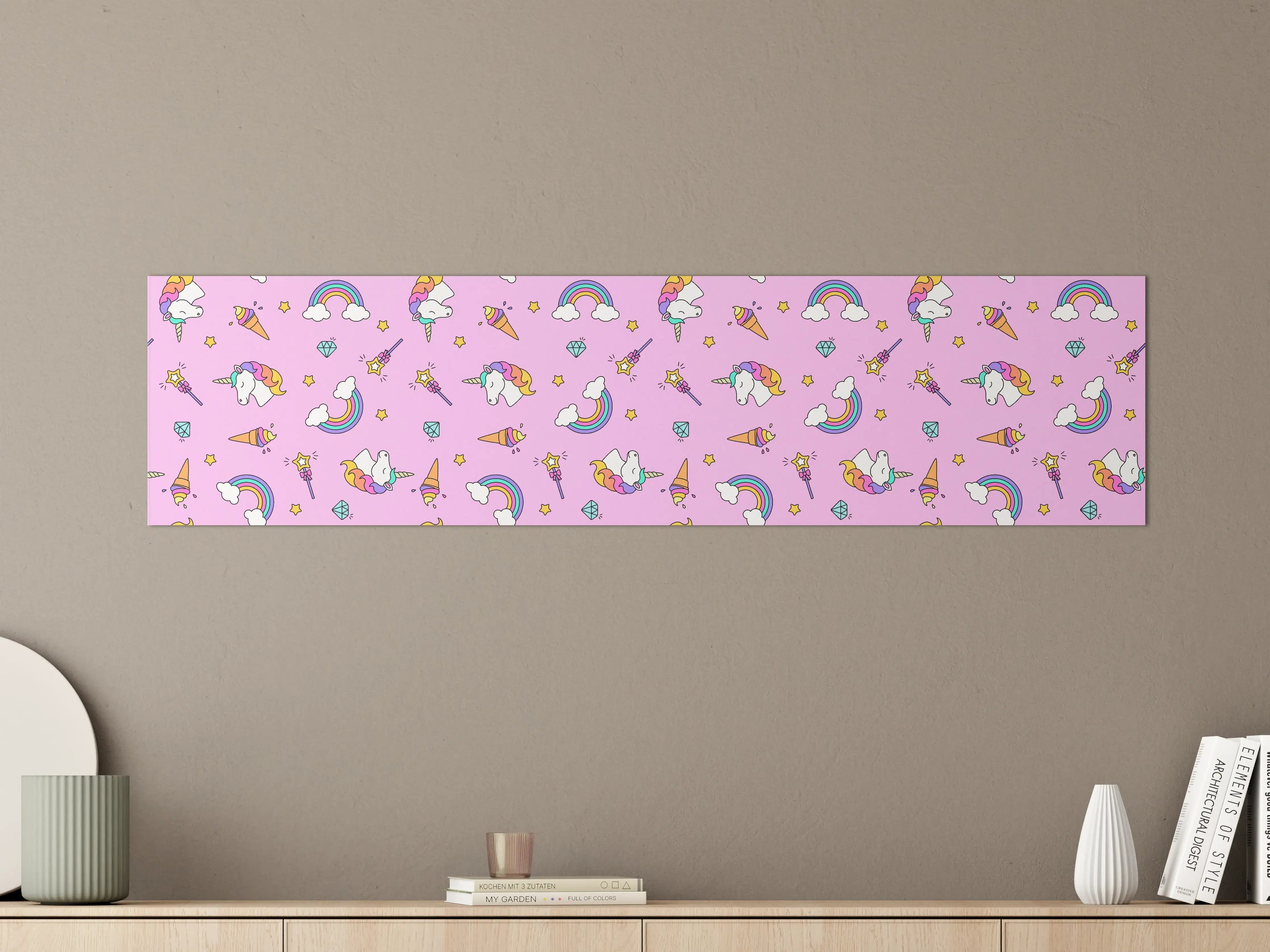 Große Wandbilder - Niedliche Regenbogen- und Einhornmotive auf rosa Hintergrund