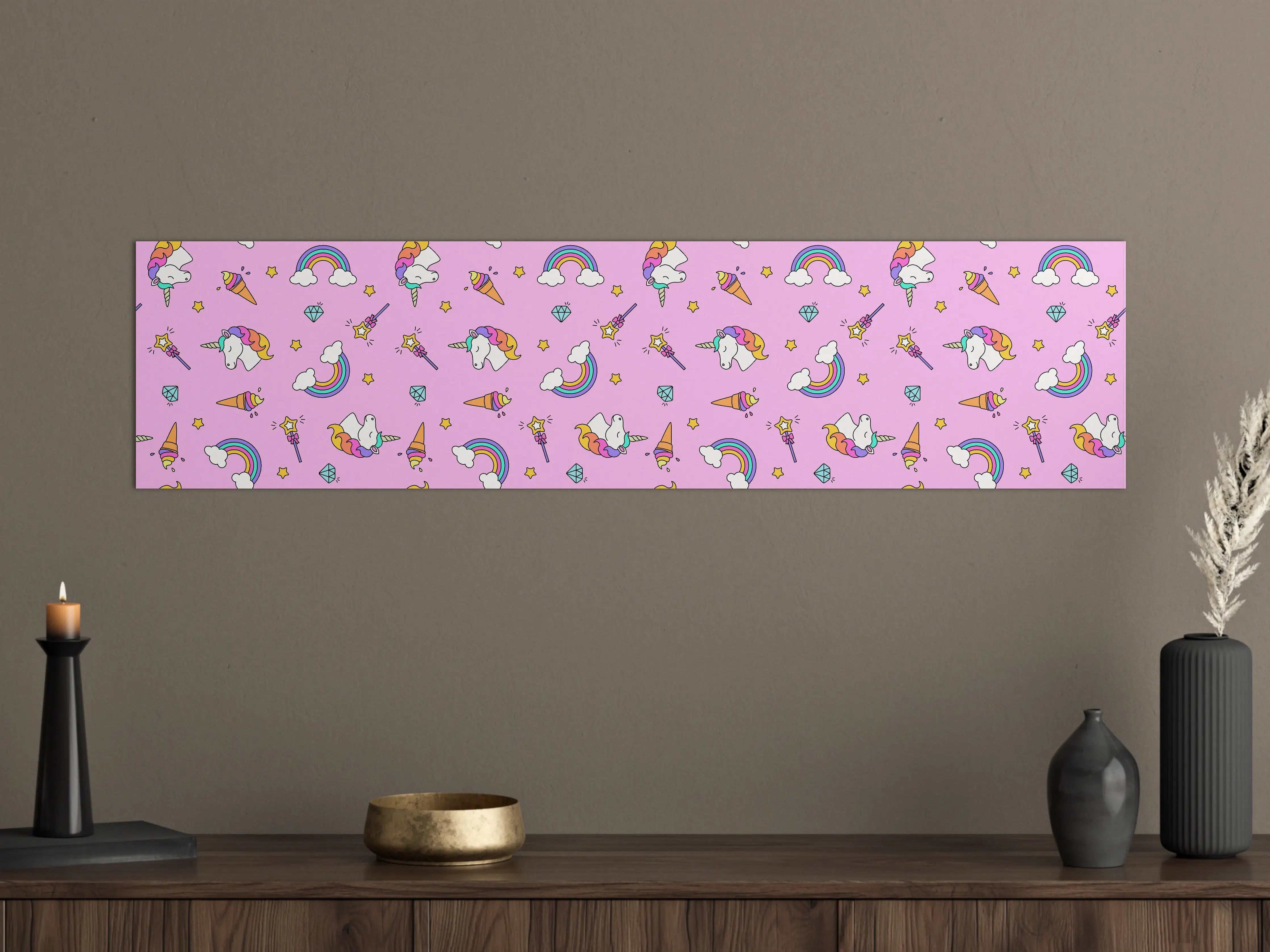 Große Wandbilder - Niedliche Regenbogen- und Einhornmotive auf rosa Hintergrund
