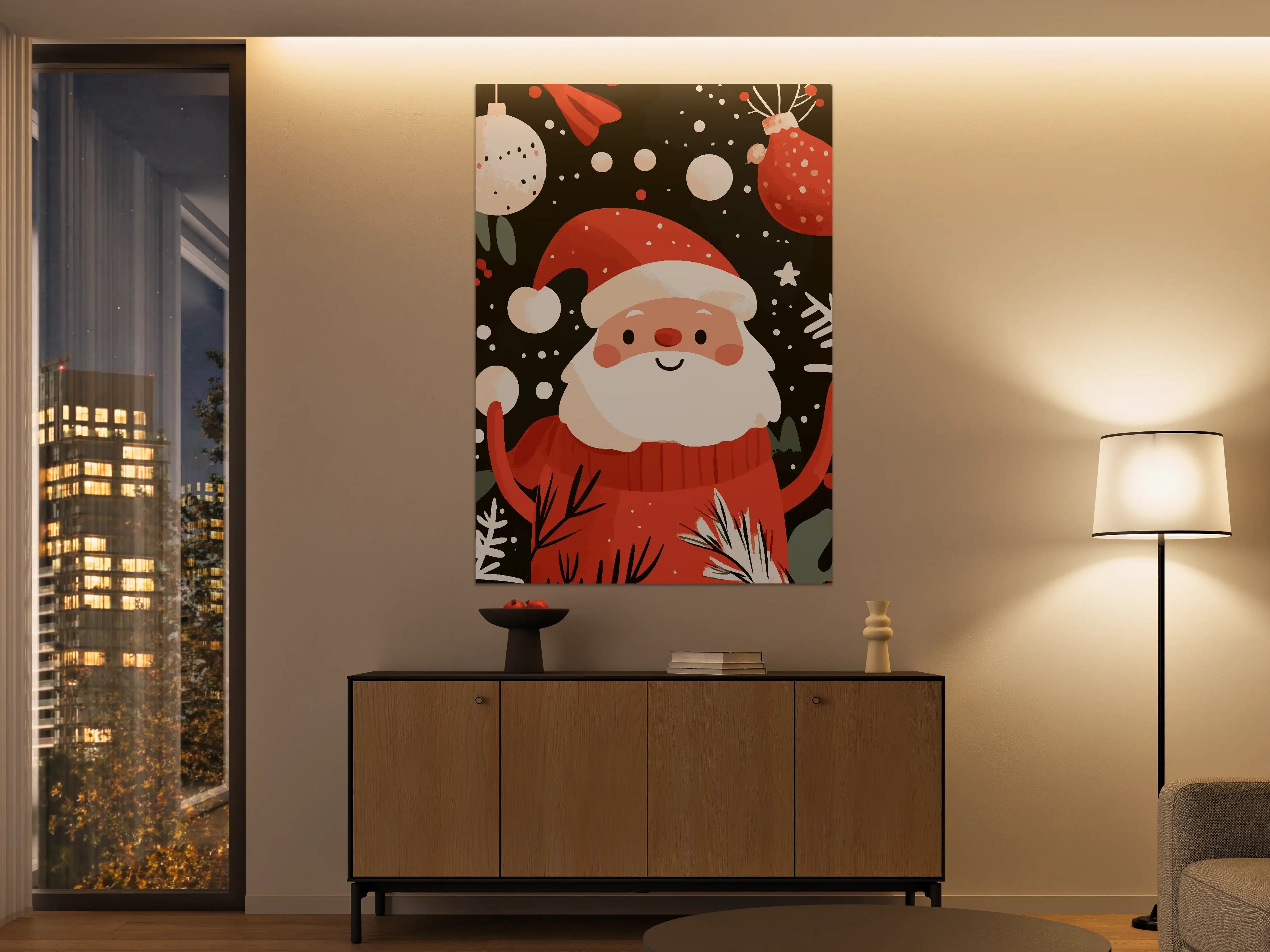 Große Wandbilder - Niedliche Weihnachtsfigur mit Schneeflocken auf dunklem Hintergrund