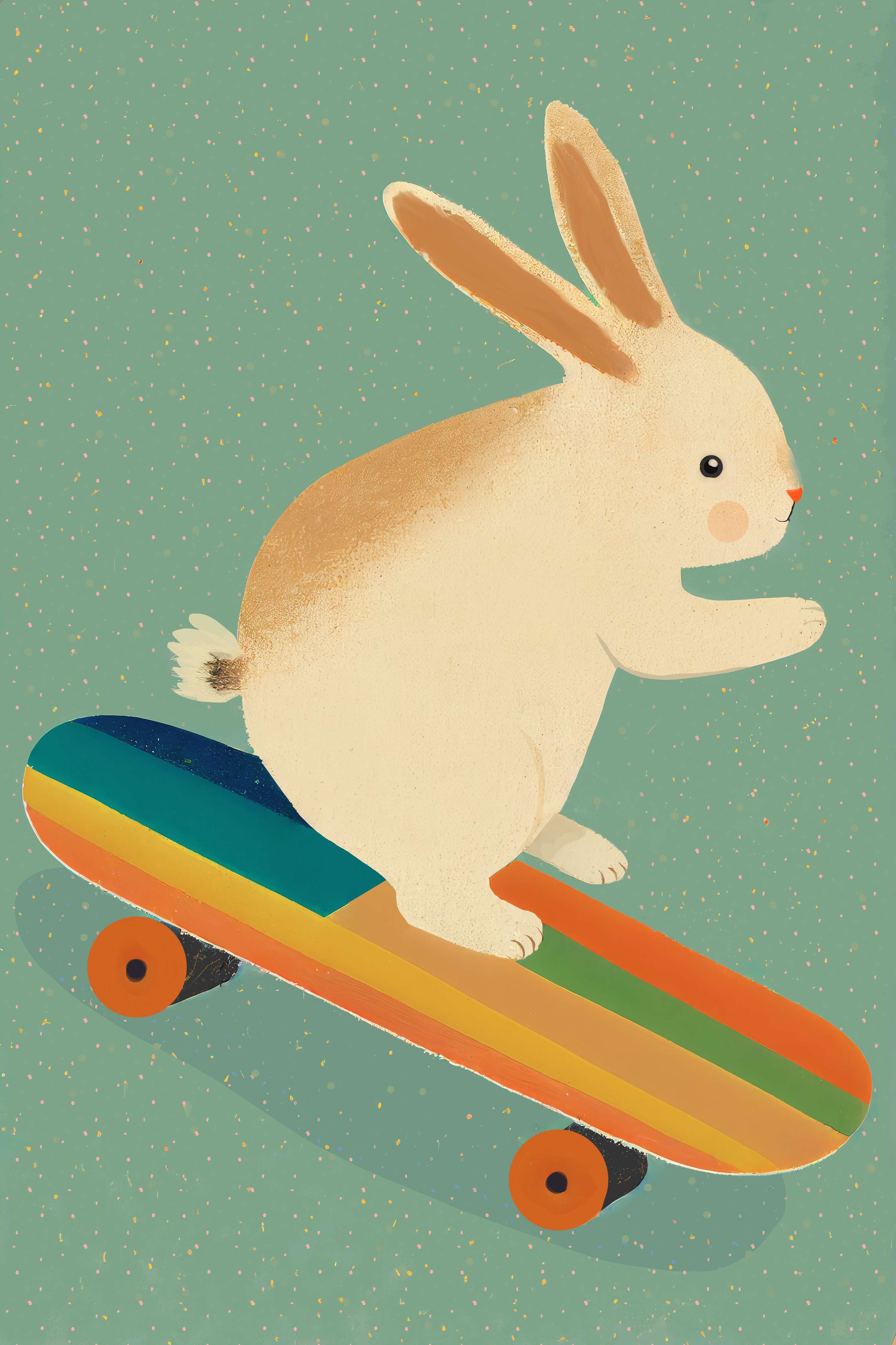Große Wandbilder-Niedlicher Hase auf Skateboard mit Regenbogenfarben