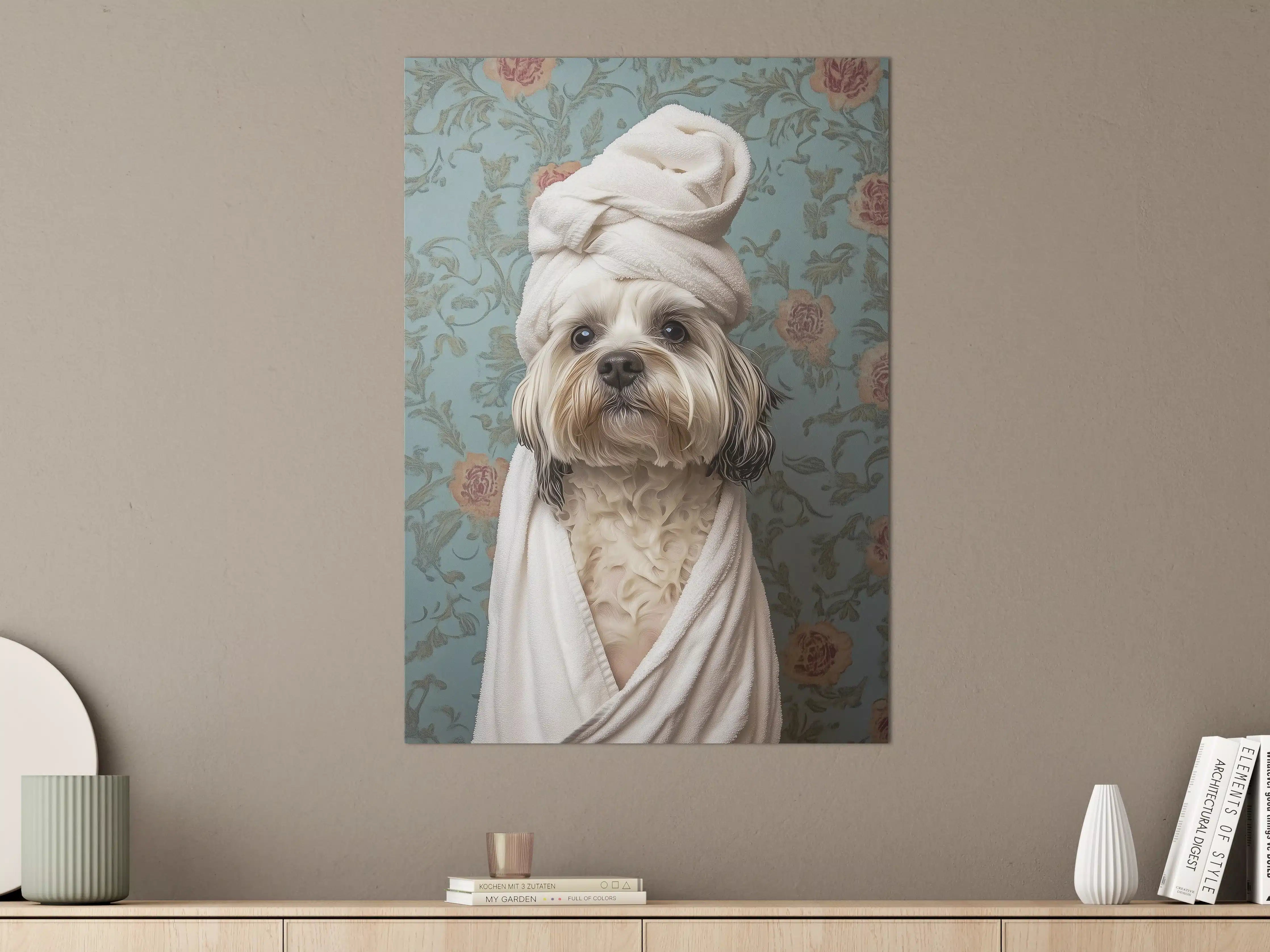 Große Wandbilder - Niedlicher Hund im Handtuch-Kleid