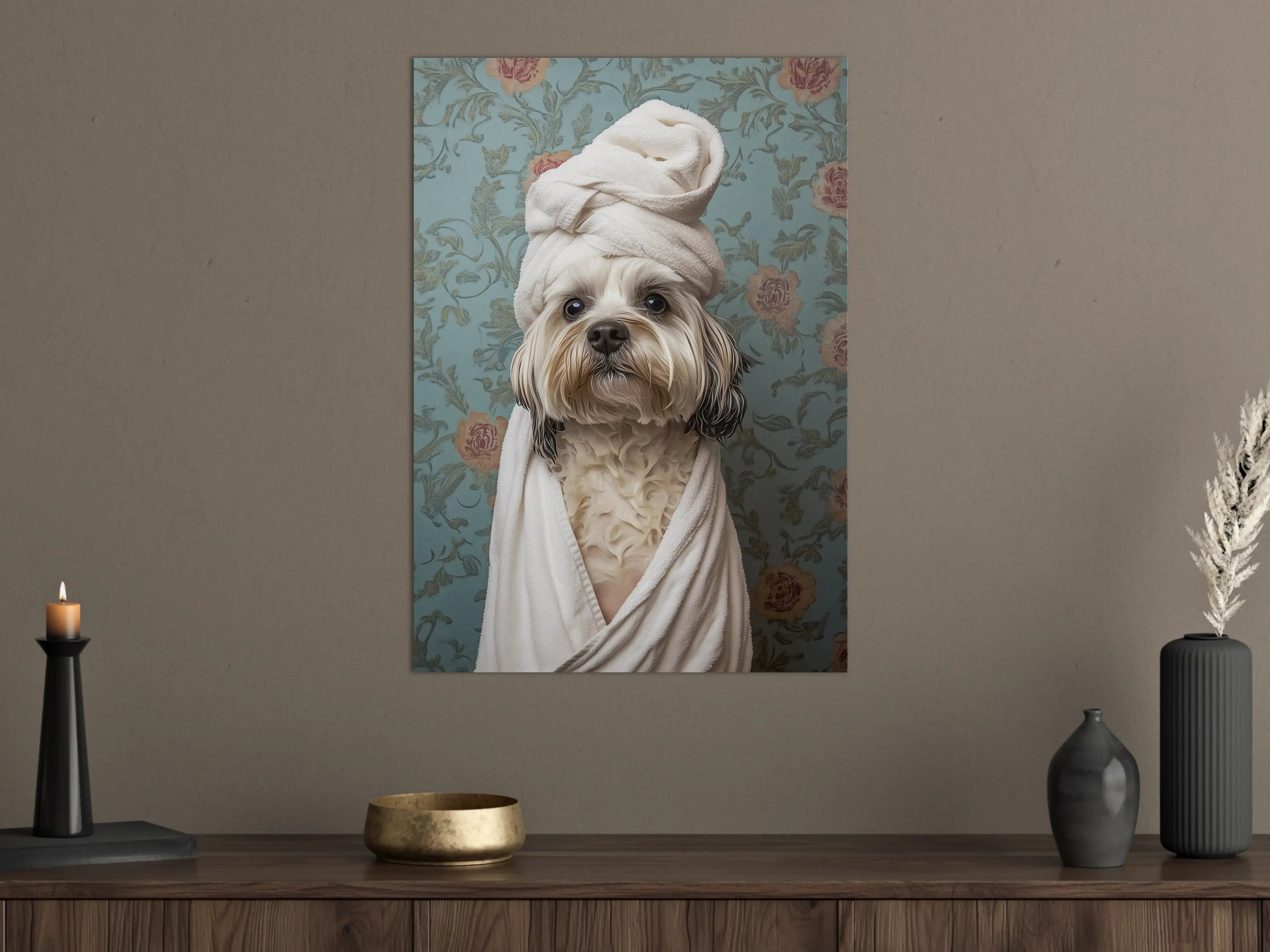 Große Wandbilder - Niedlicher Hund im Handtuch-Kleid