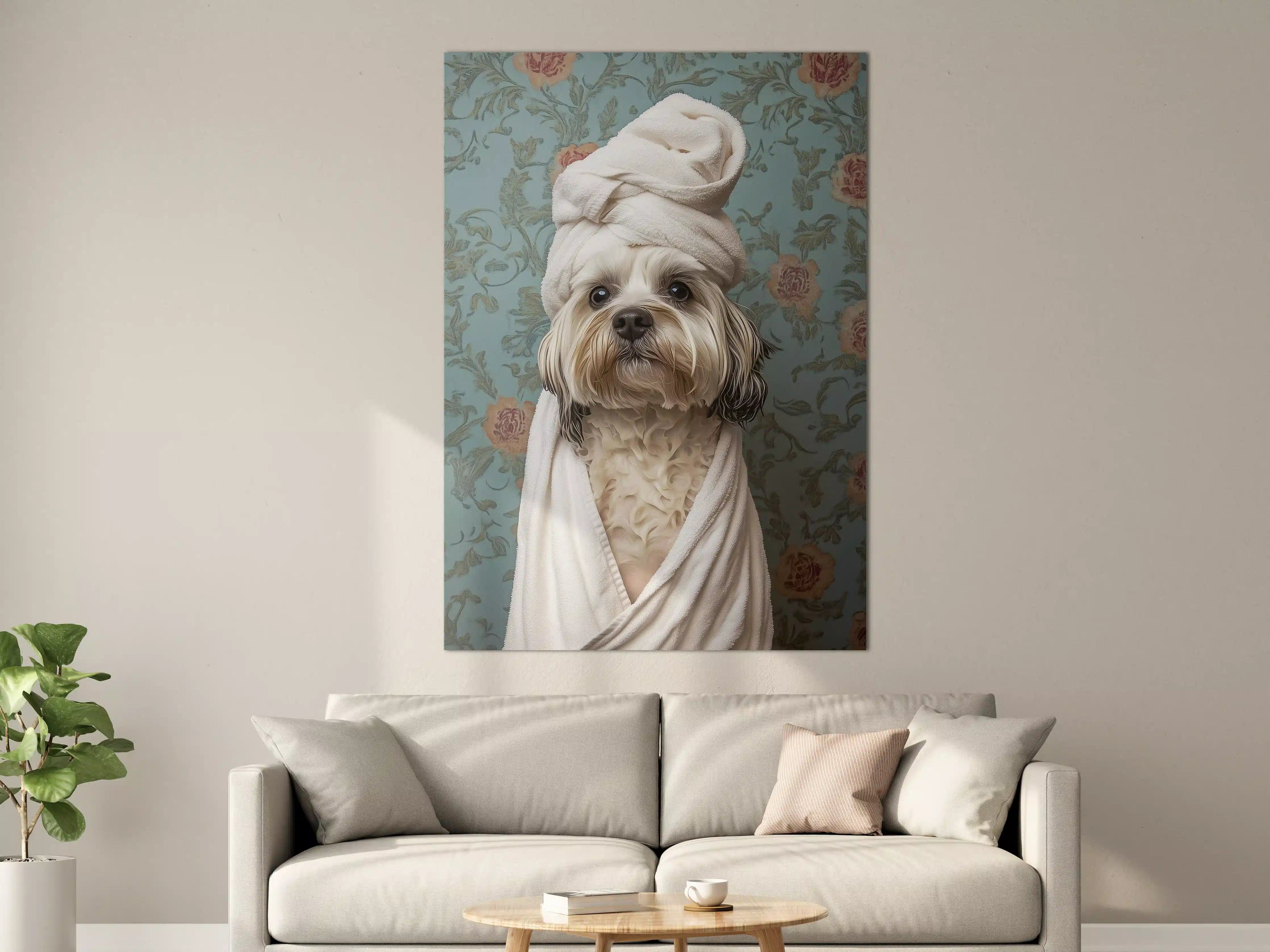 Große Wandbilder - Niedlicher Hund im Handtuch-Kleid