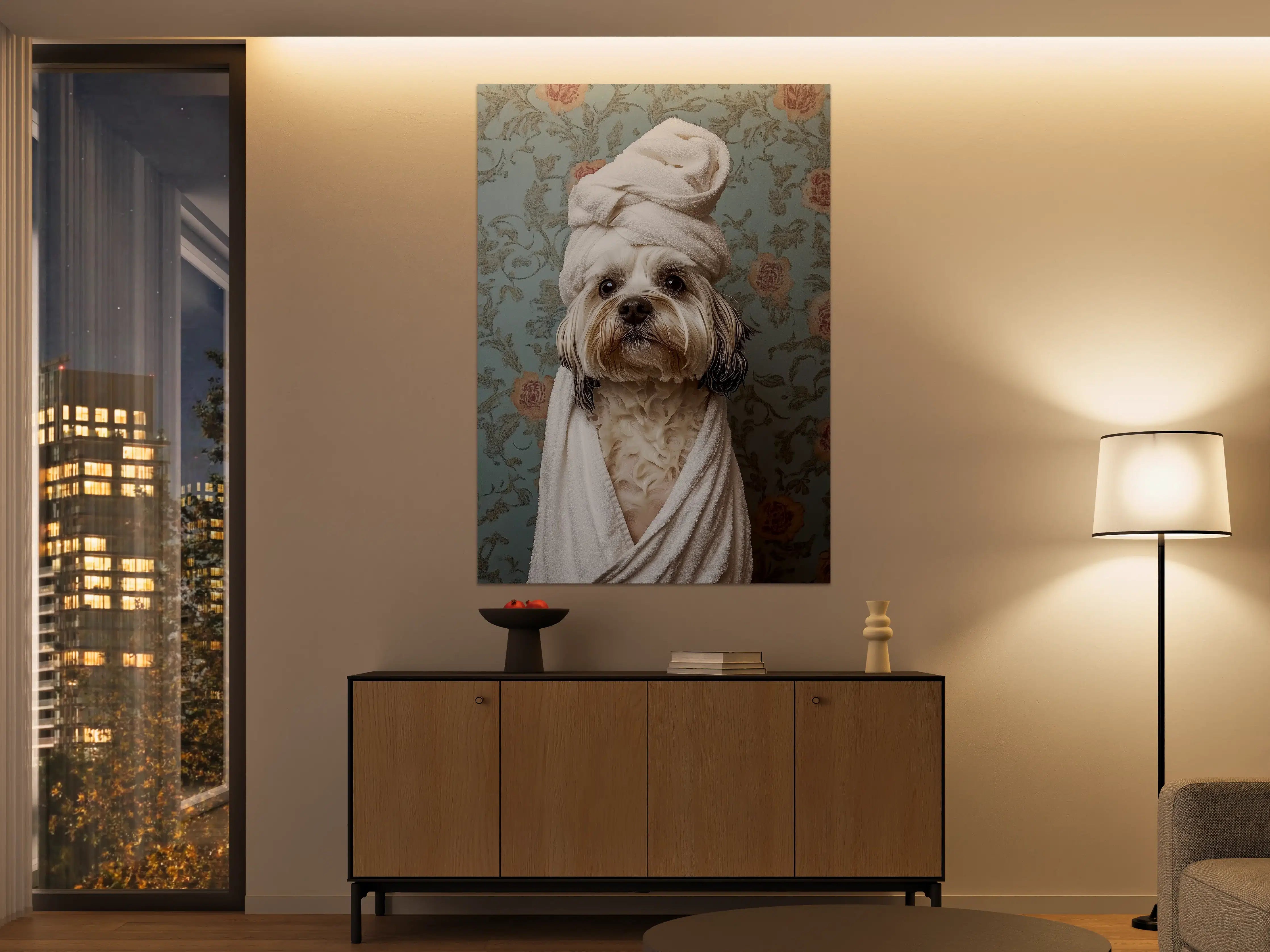 Große Wandbilder - Niedlicher Hund im Handtuch-Kleid