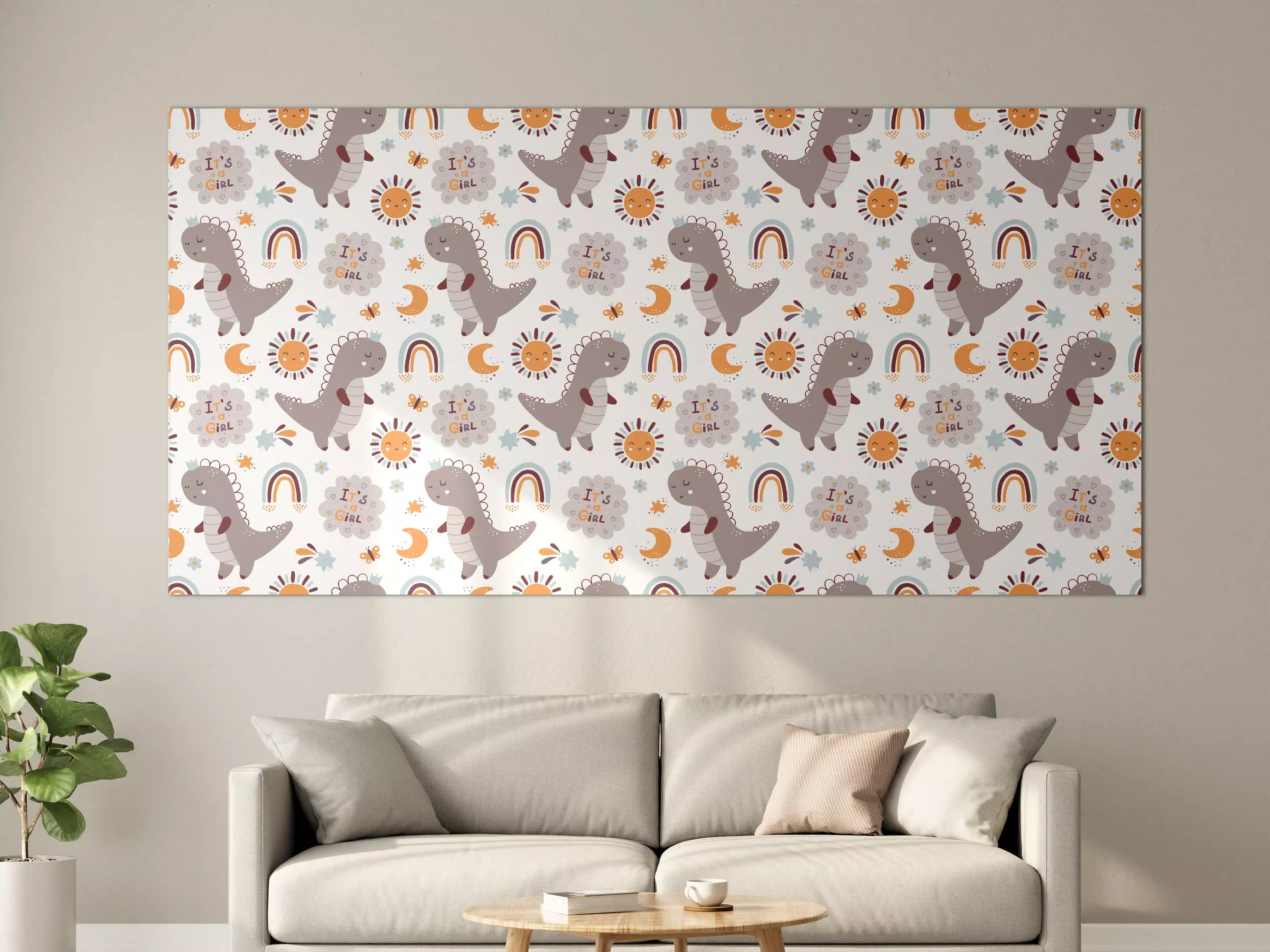 Große Wandbilder - Niedliches Dinosaurier-Motiv in sanften Grau- und Orangetönen