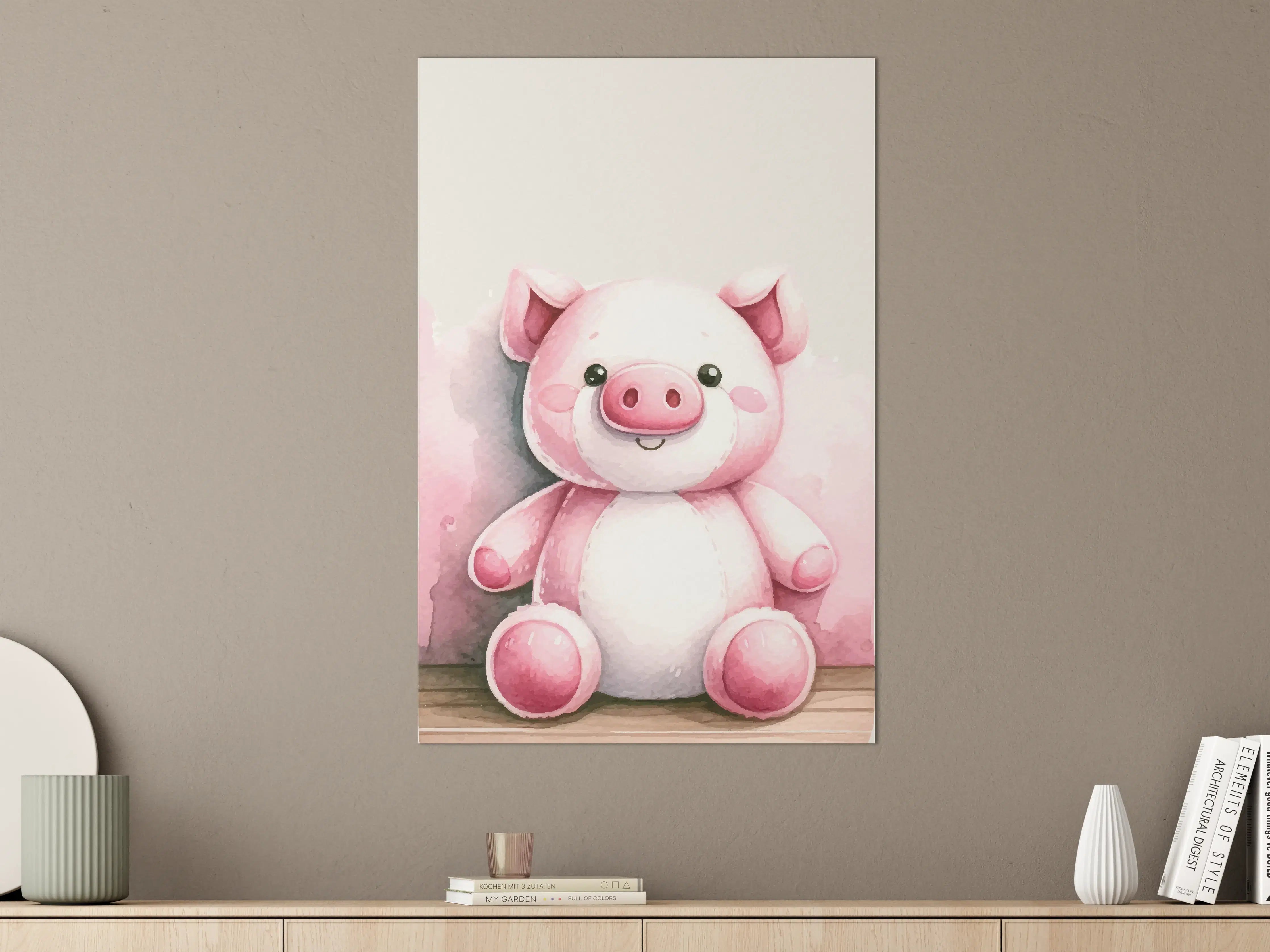 Große Wandbilder - Niedliches Schweine-Kuscheltier in Pastellrosa