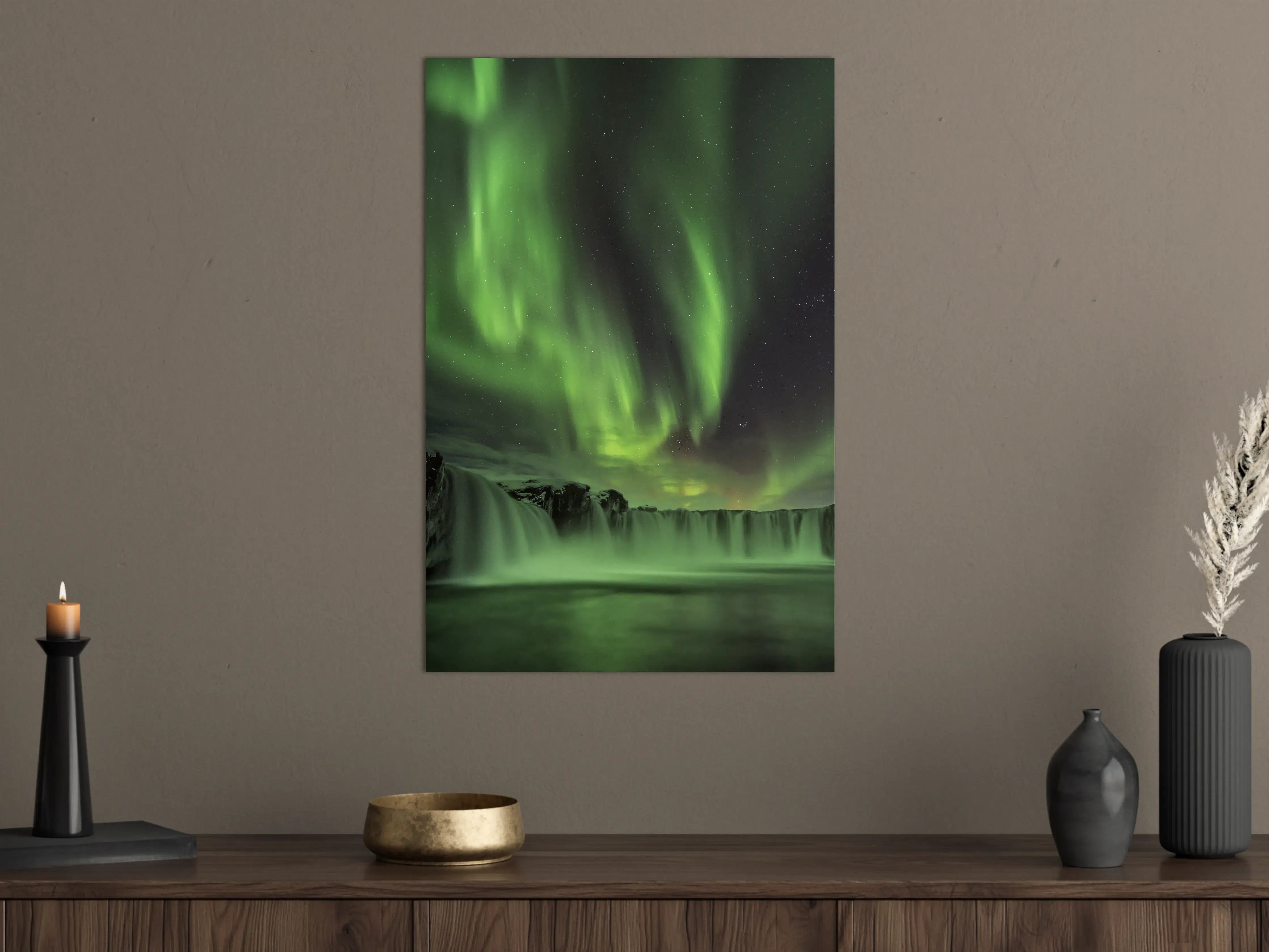 Große Wandbilder - Nordlicht über Wasserfall