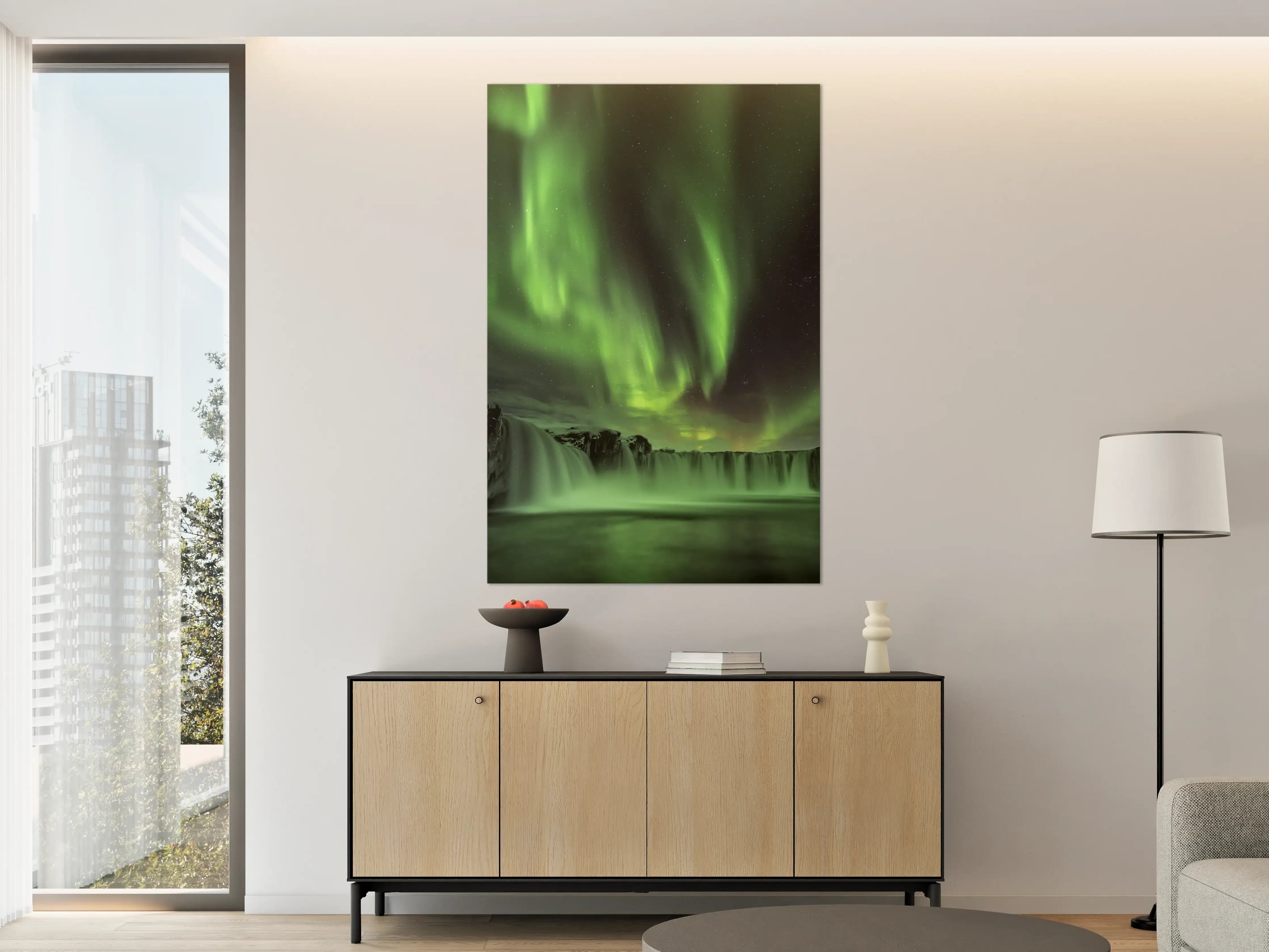 Große Wandbilder - Nordlicht über Wasserfall