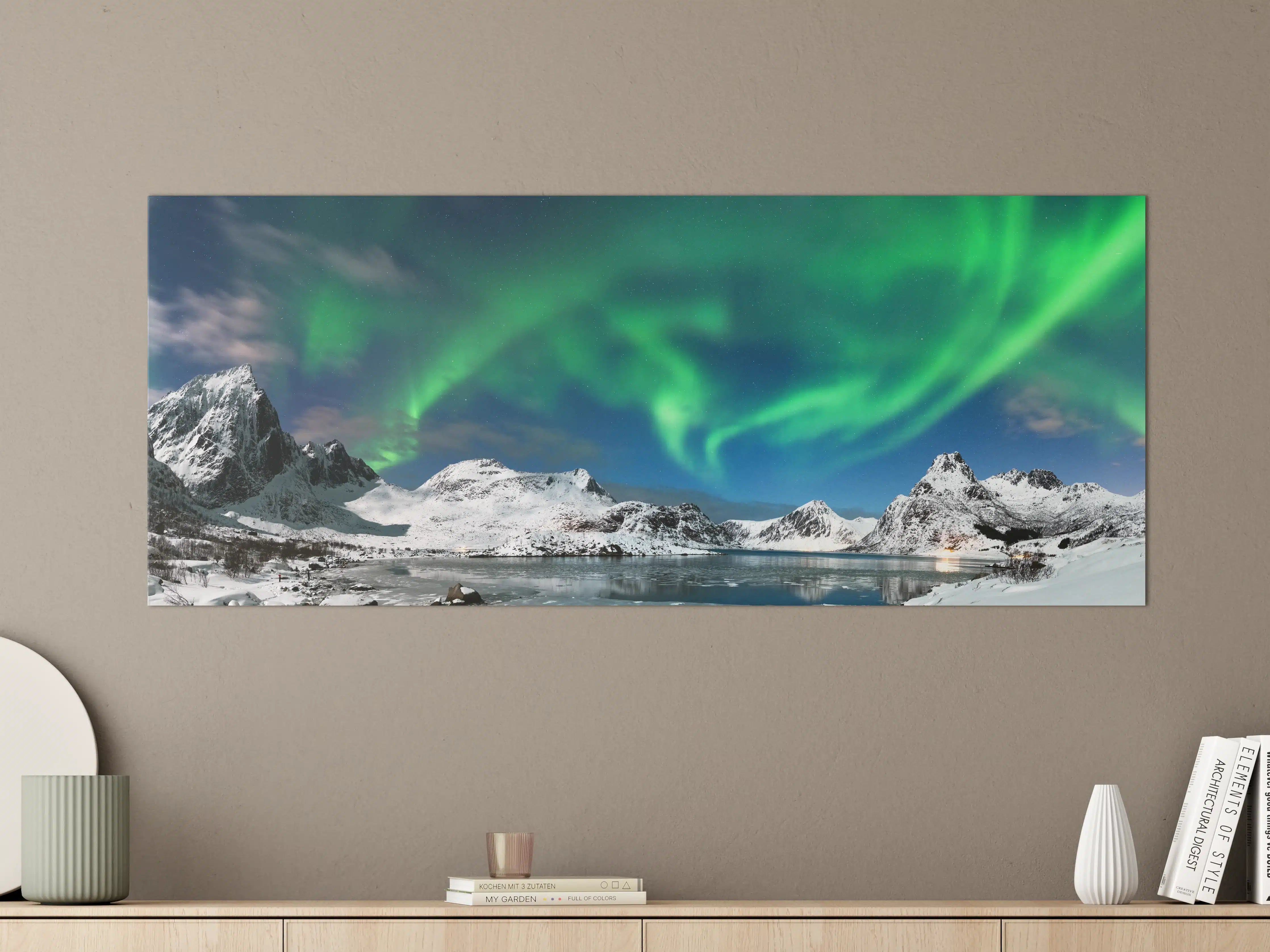 Große Wandbilder - Nordlicht über verschneitem Fjord