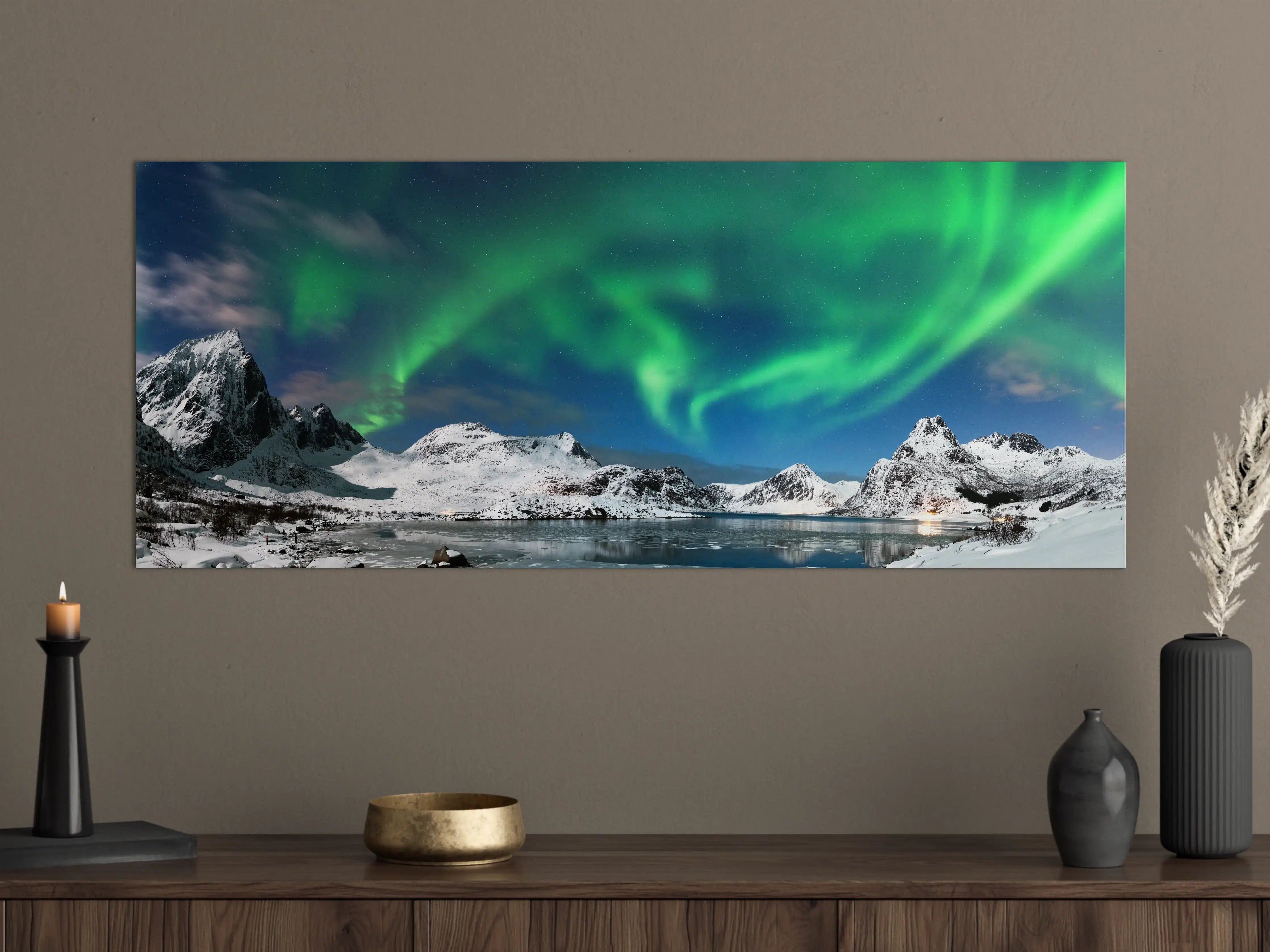 Große Wandbilder - Nordlicht über verschneitem Fjord
