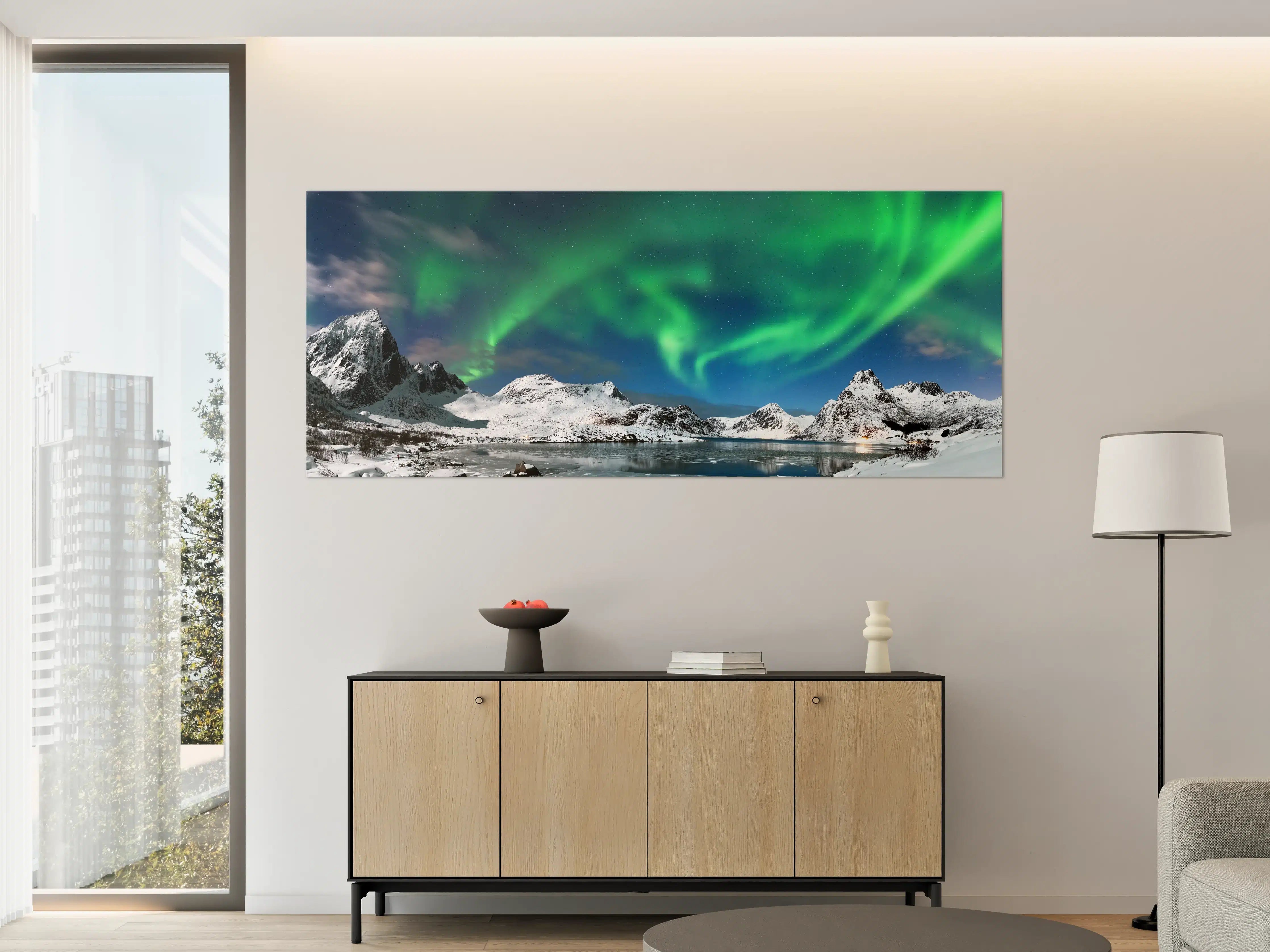 Große Wandbilder - Nordlicht über verschneitem Fjord