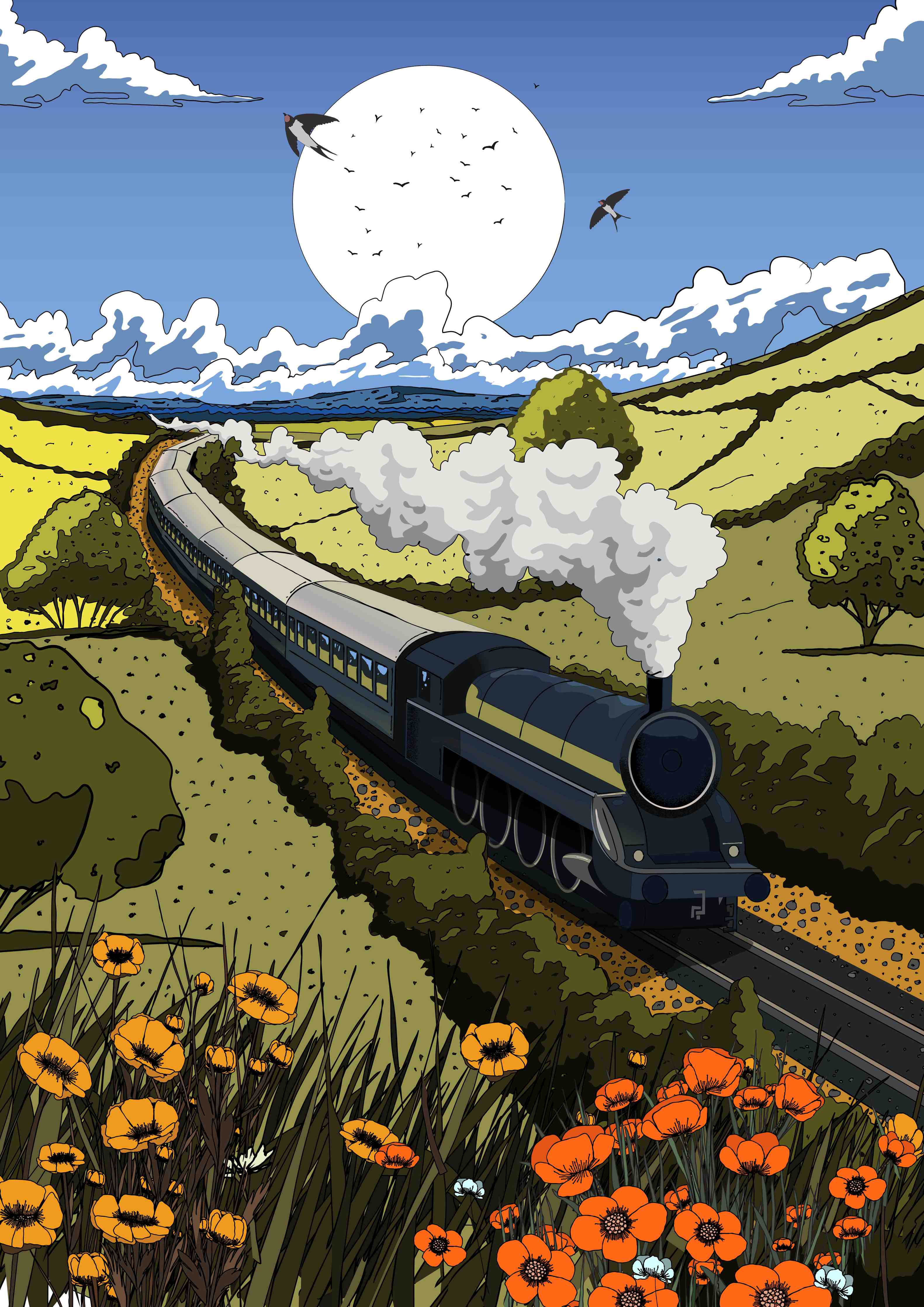 Große Wandbilder-Nostalgische Dampflokomotive durch malerische Landschaft