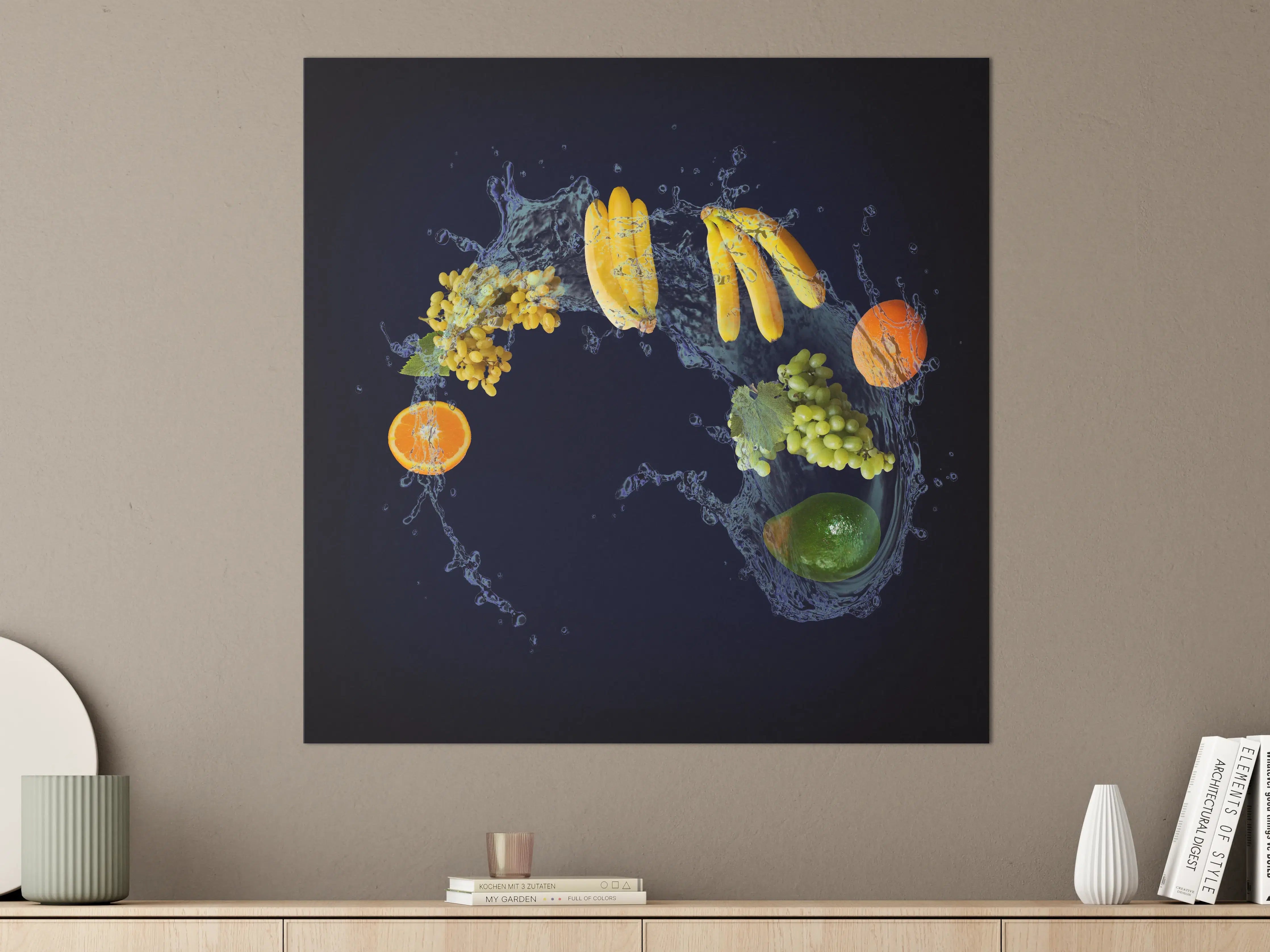 Große Wandbilder - Obstsorten mit blauen Wasserspritzern
