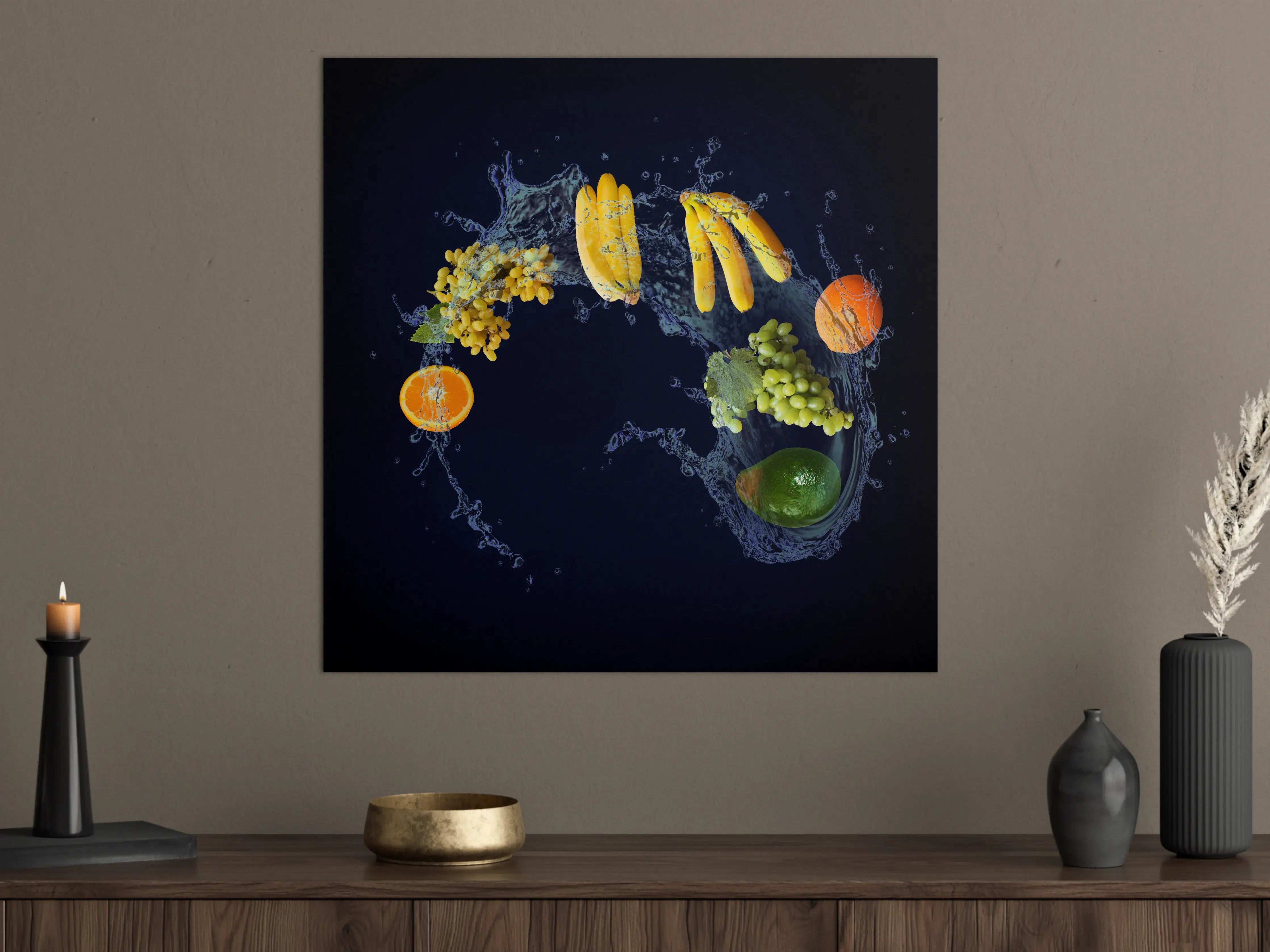 Große Wandbilder - Obstsorten mit blauen Wasserspritzern