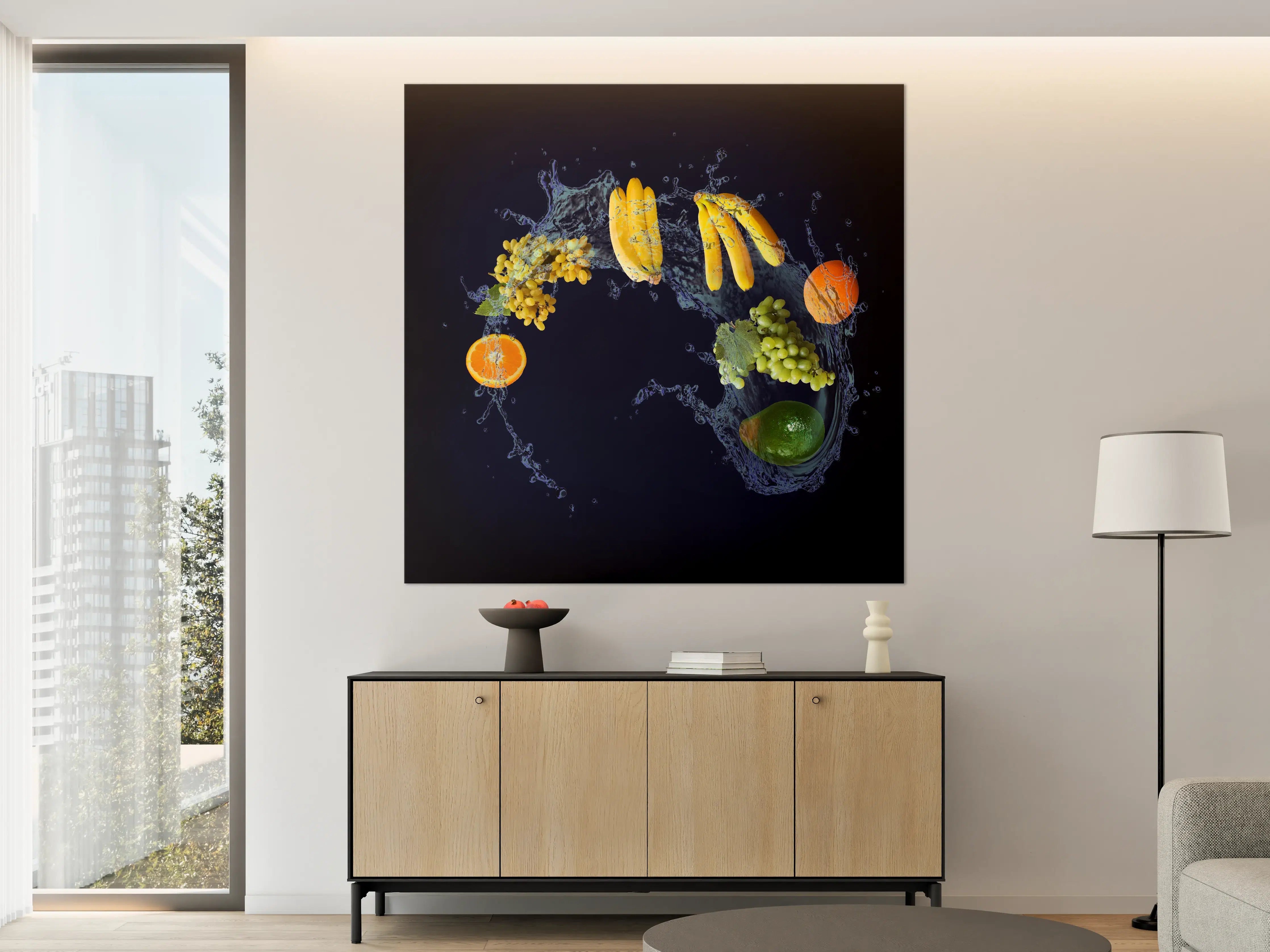 Große Wandbilder - Obstsorten mit blauen Wasserspritzern
