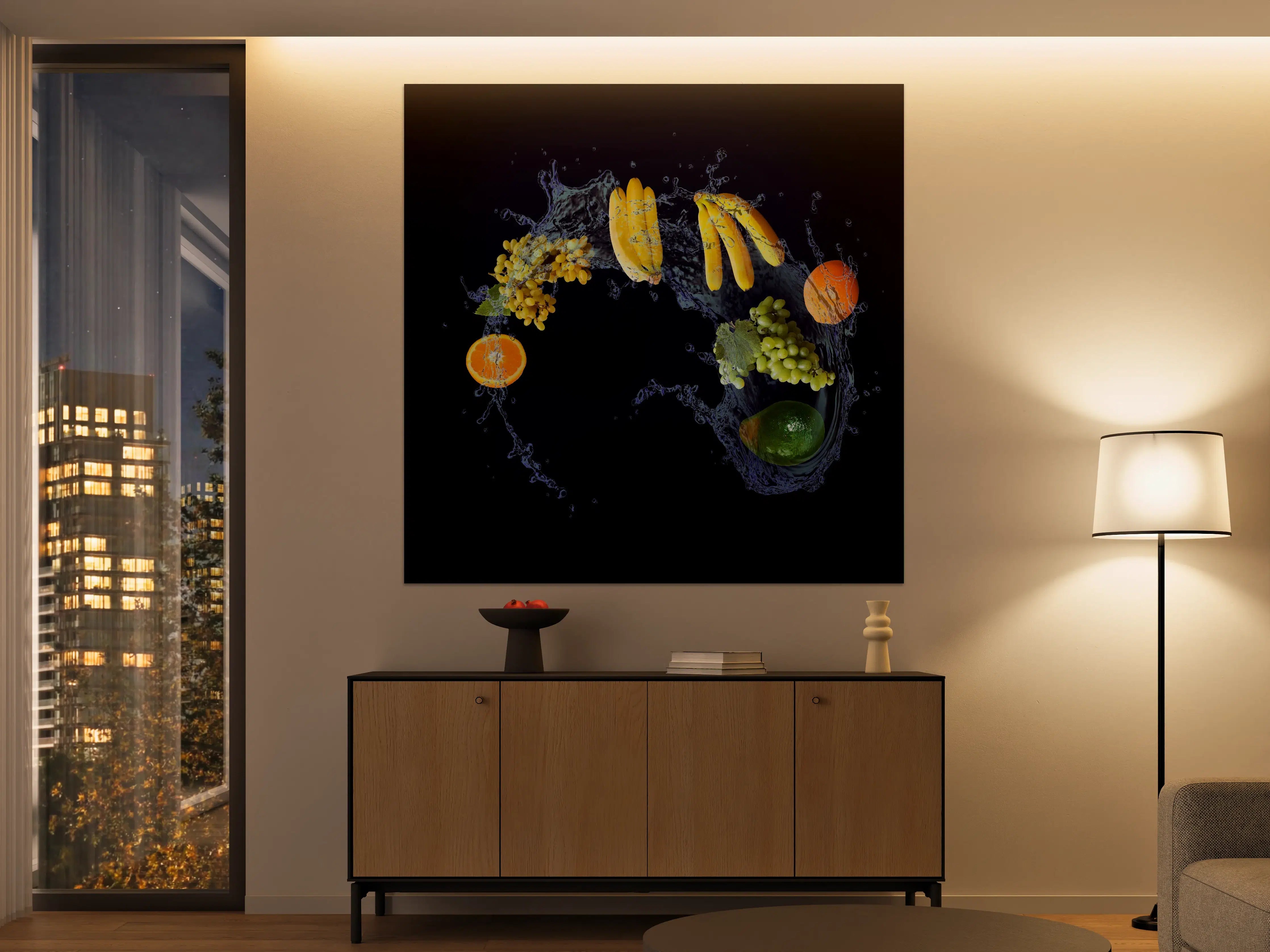 Große Wandbilder - Obstsorten mit blauen Wasserspritzern