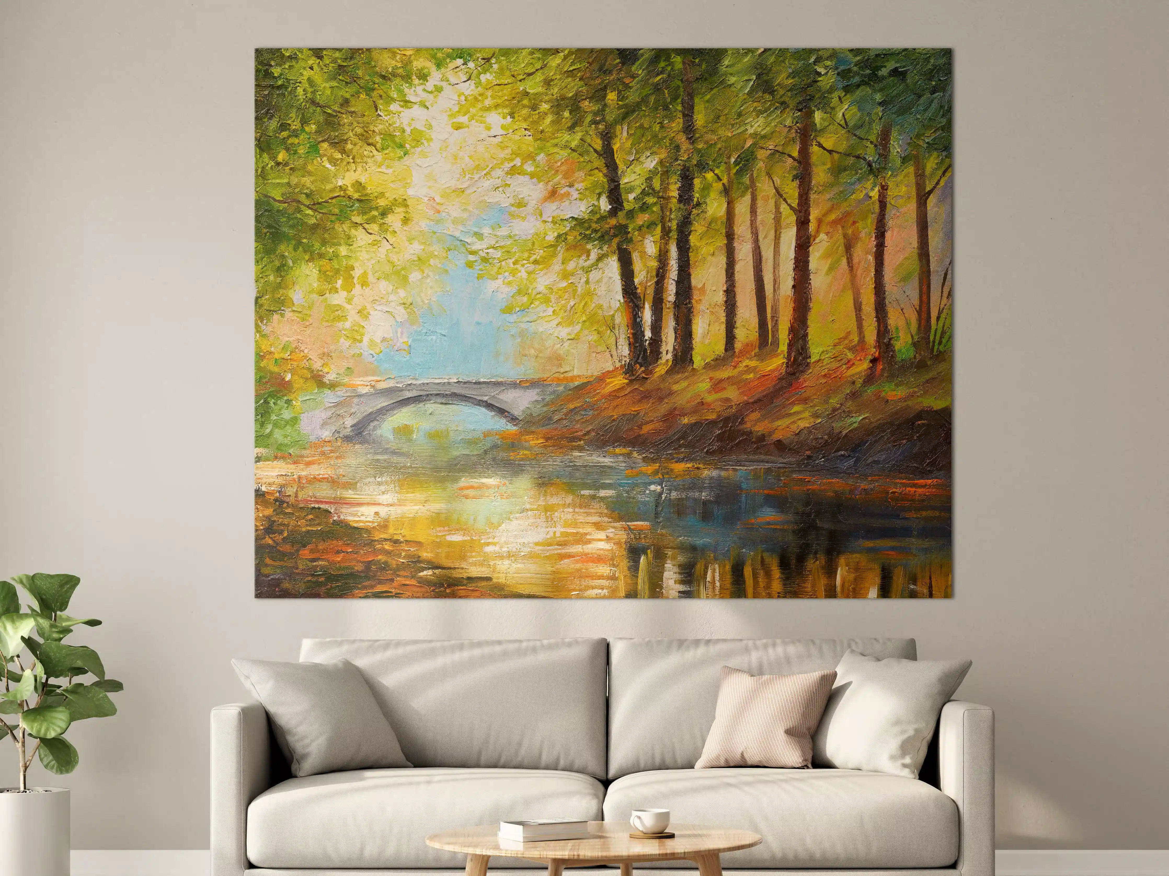 Große Wandbilder - Ölgemälde Herbst Wald mit Fluss