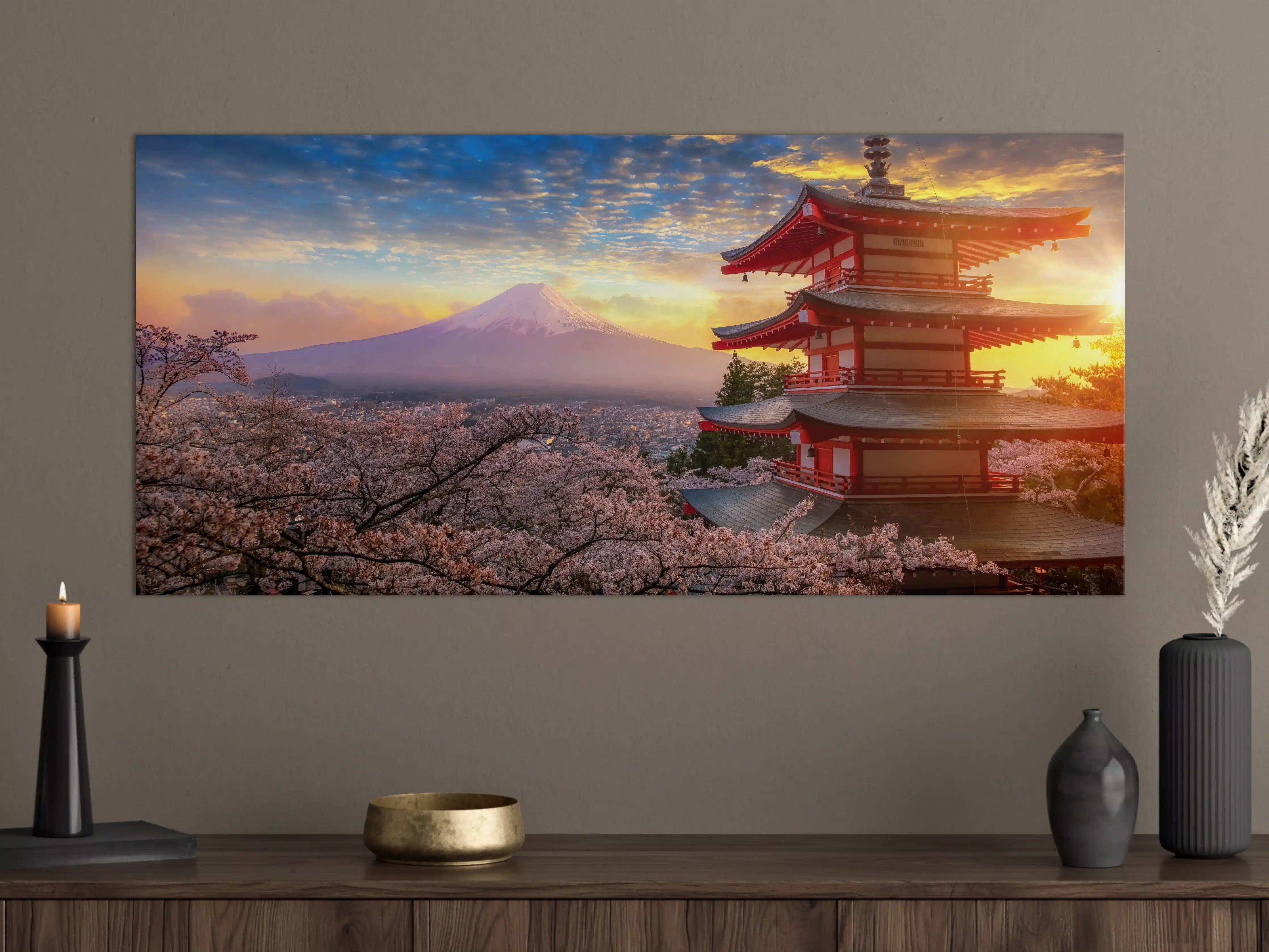 Große Wandbilder - Panoramablick auf Fujiyoshida Sonnenuntergang