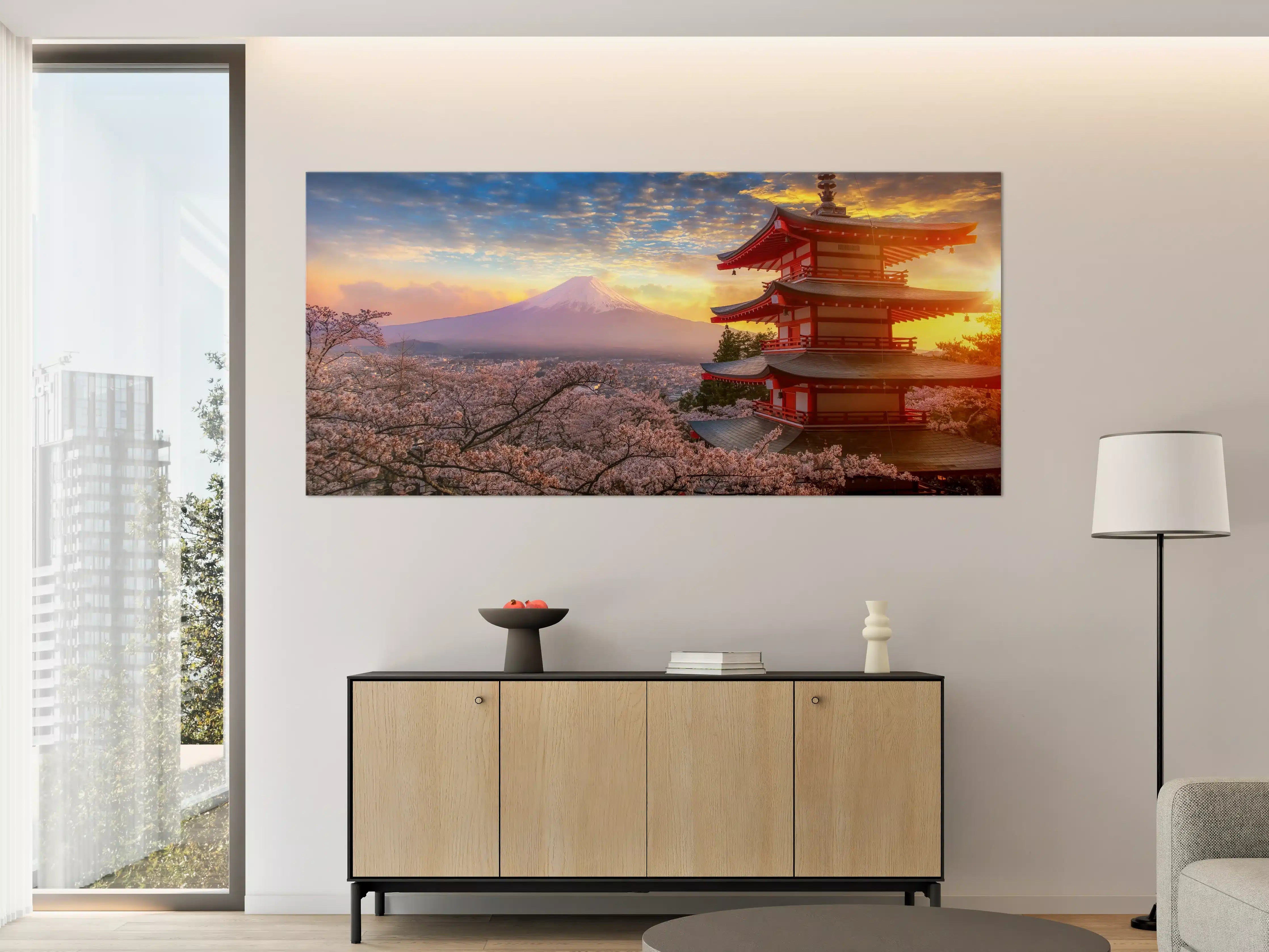 Große Wandbilder - Panoramablick auf Fujiyoshida Sonnenuntergang