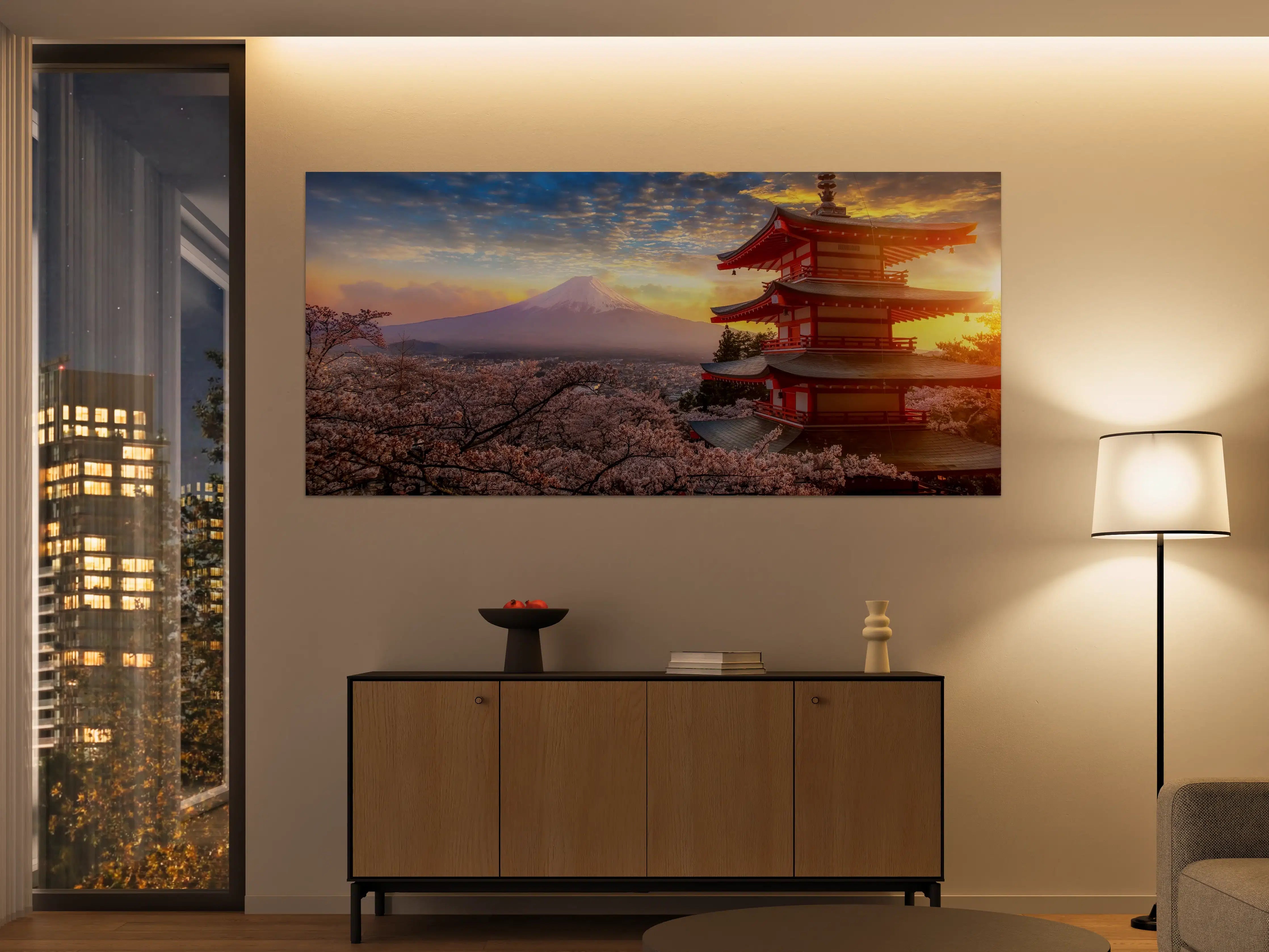 Große Wandbilder - Panoramablick auf Fujiyoshida Sonnenuntergang