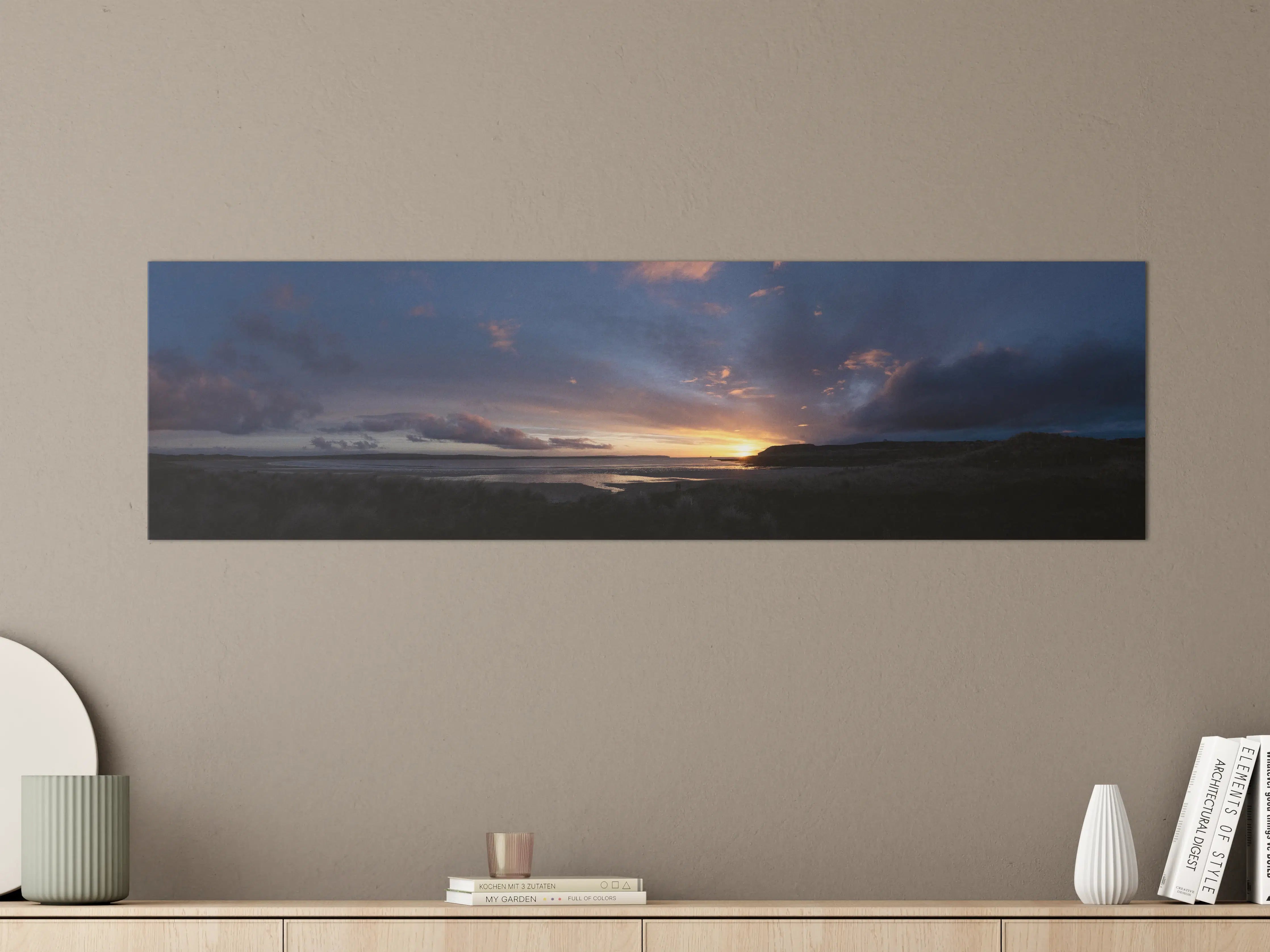 Große Wandbilder - Panoramischer Sonnenuntergang über ruhigem Wasser