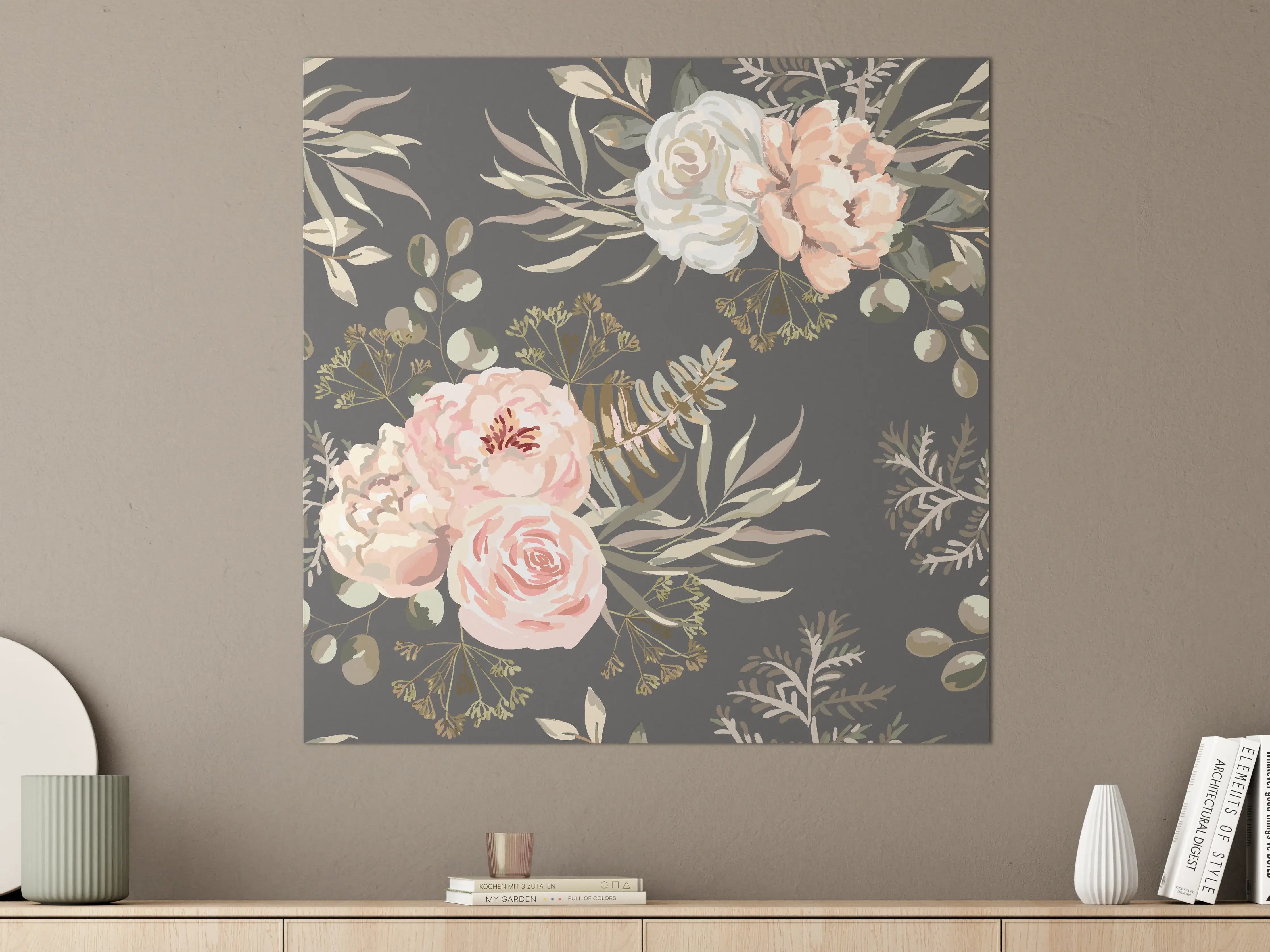 Große Wandbilder - Pastellfarbene Blumenillustration mit zarten Grautönen
