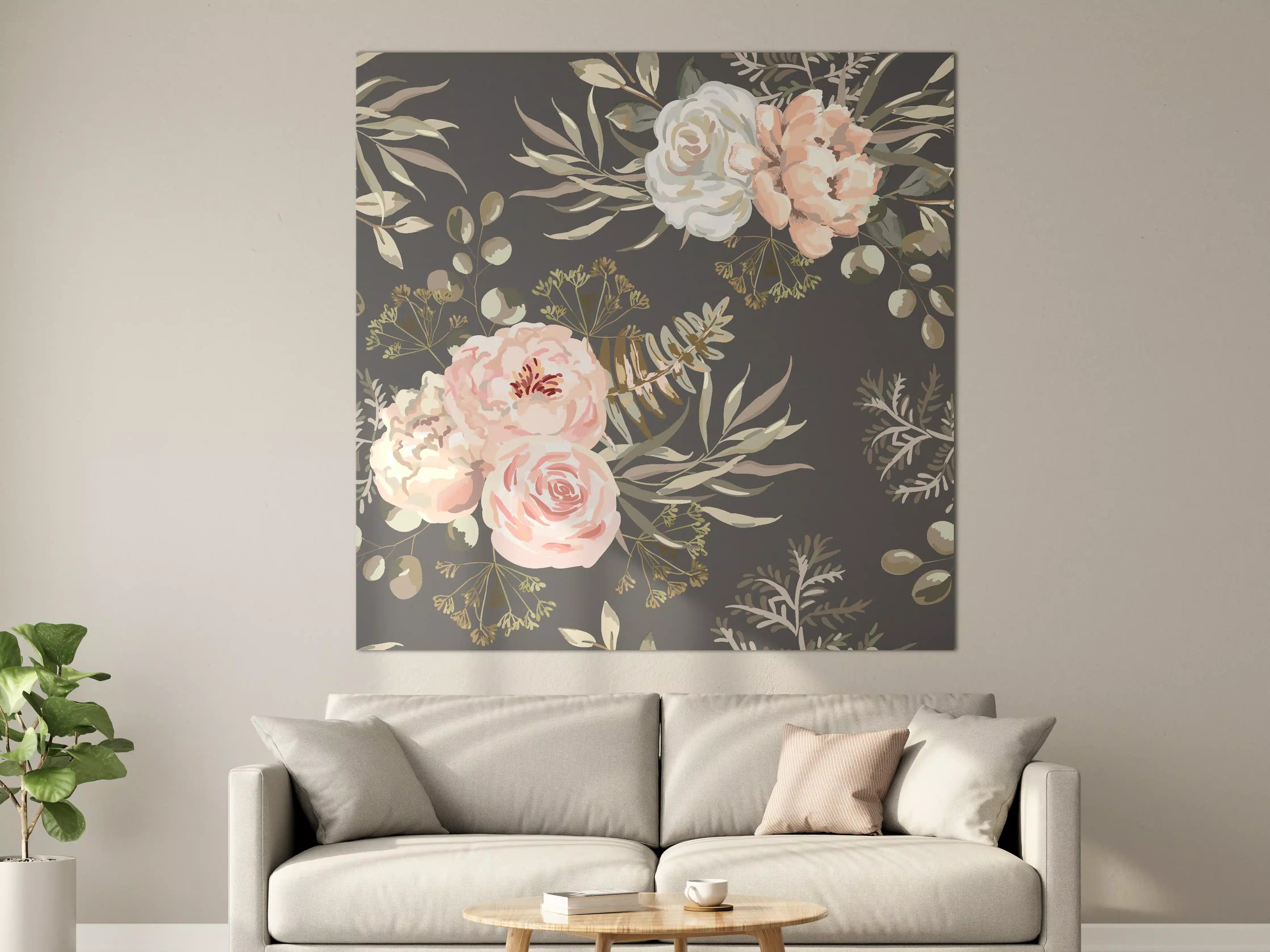 Große Wandbilder - Pastellfarbene Blumenillustration mit zarten Grautönen