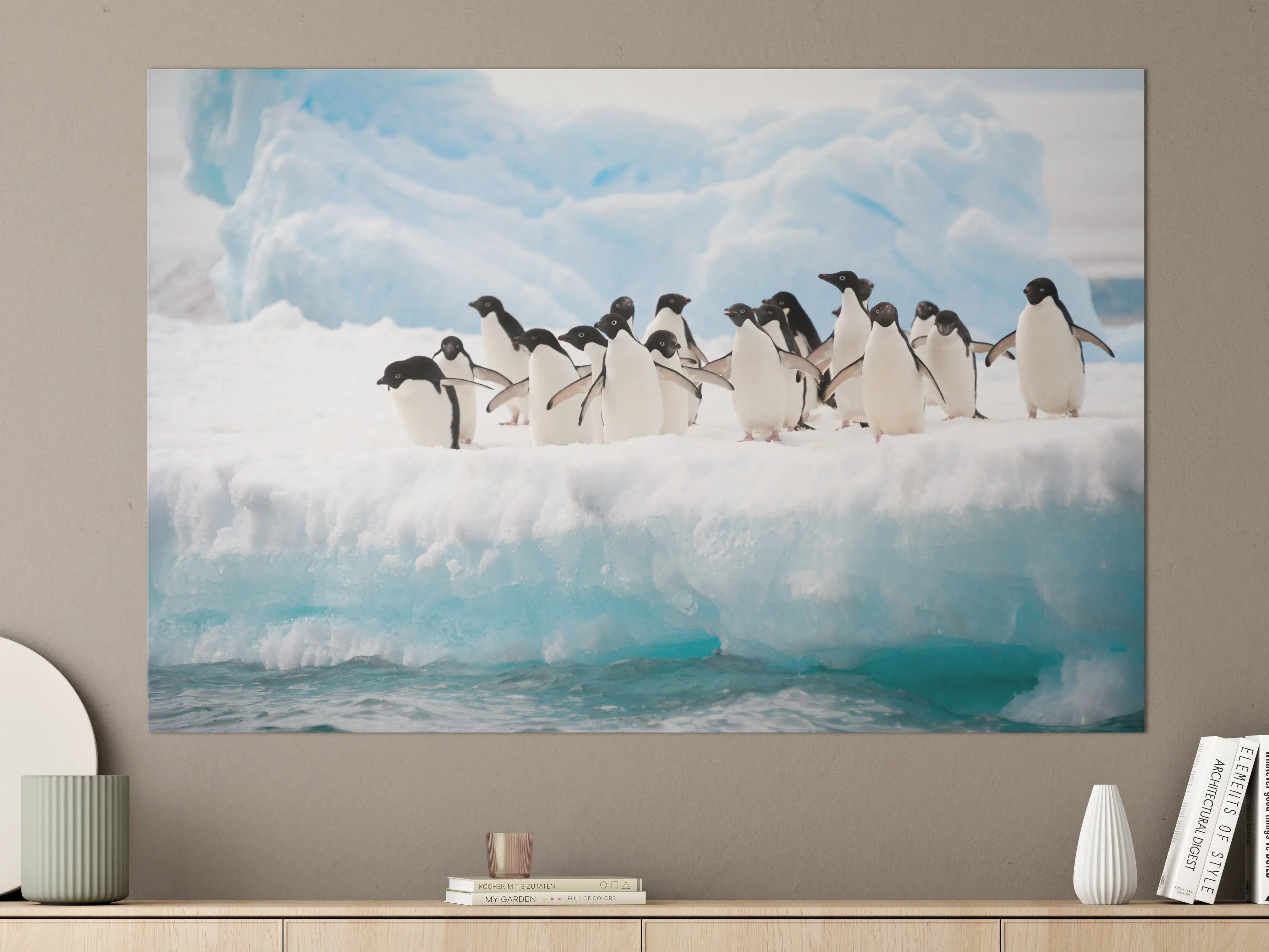 Große Wandbilder - Pinguine auf Eis vor Gletscher