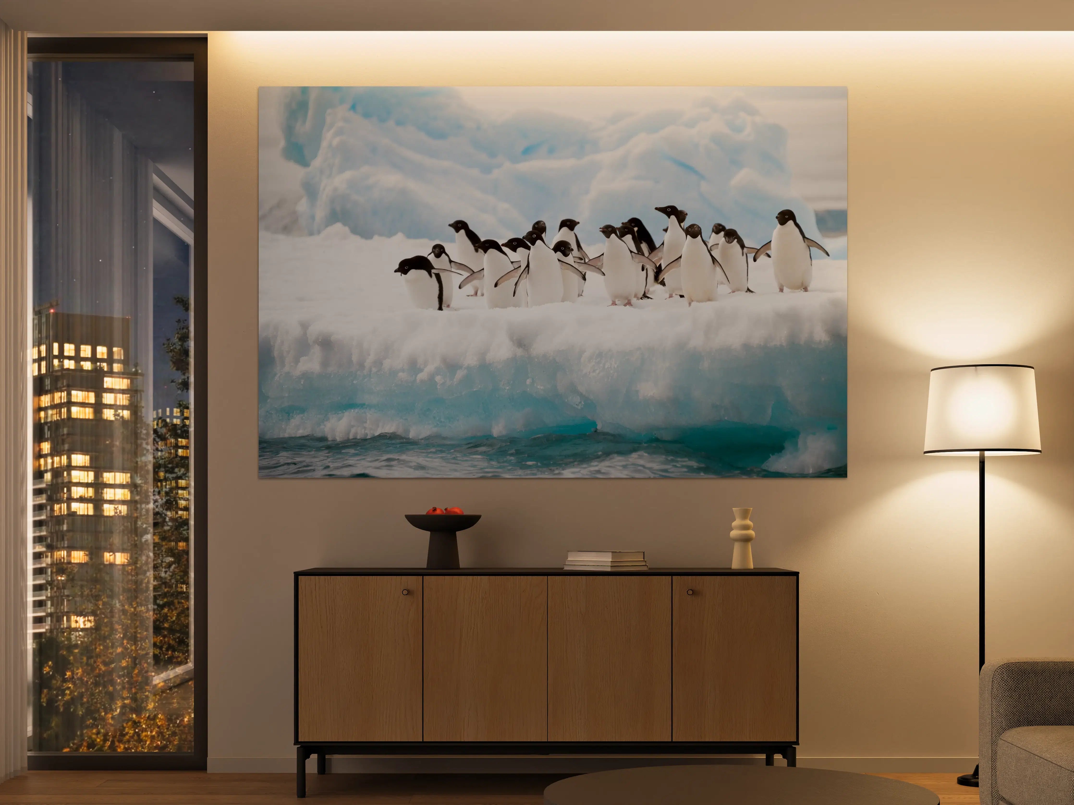 Große Wandbilder - Pinguine auf Eis vor Gletscher