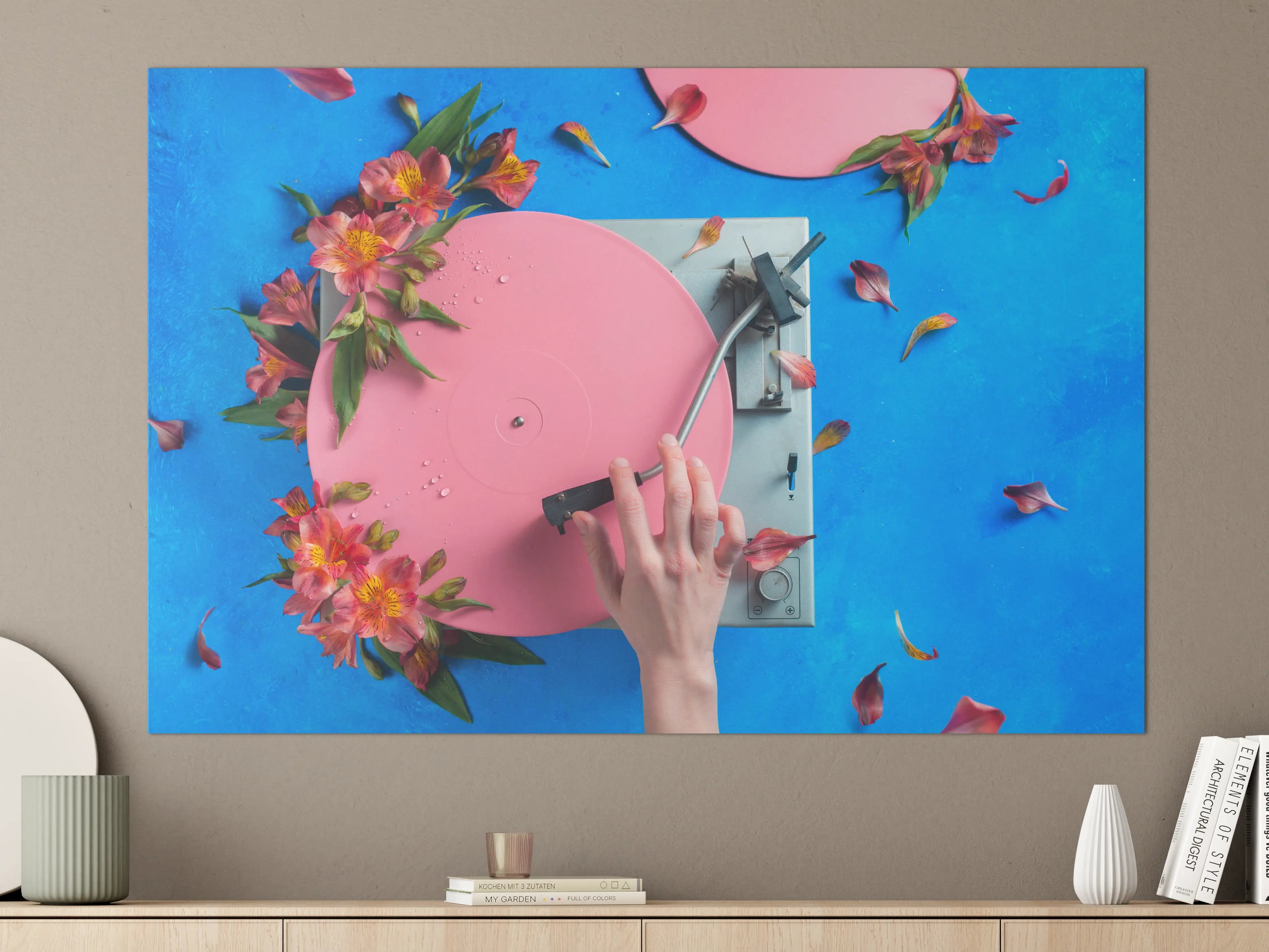 Große Wandbilder - Pink-Plattenspieler mit Blumen und Blüten