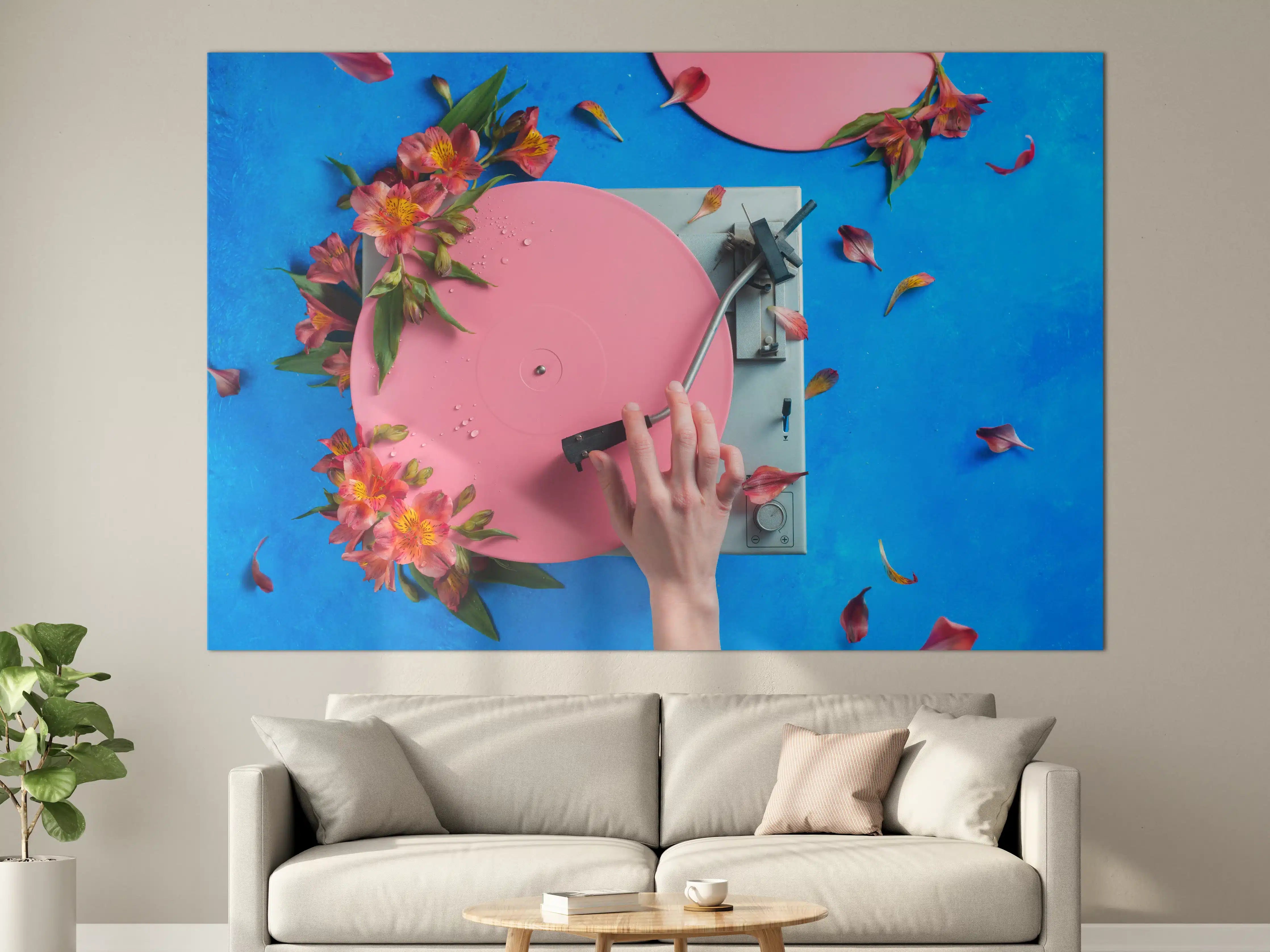 Große Wandbilder - Pink-Plattenspieler mit Blumen und Blüten