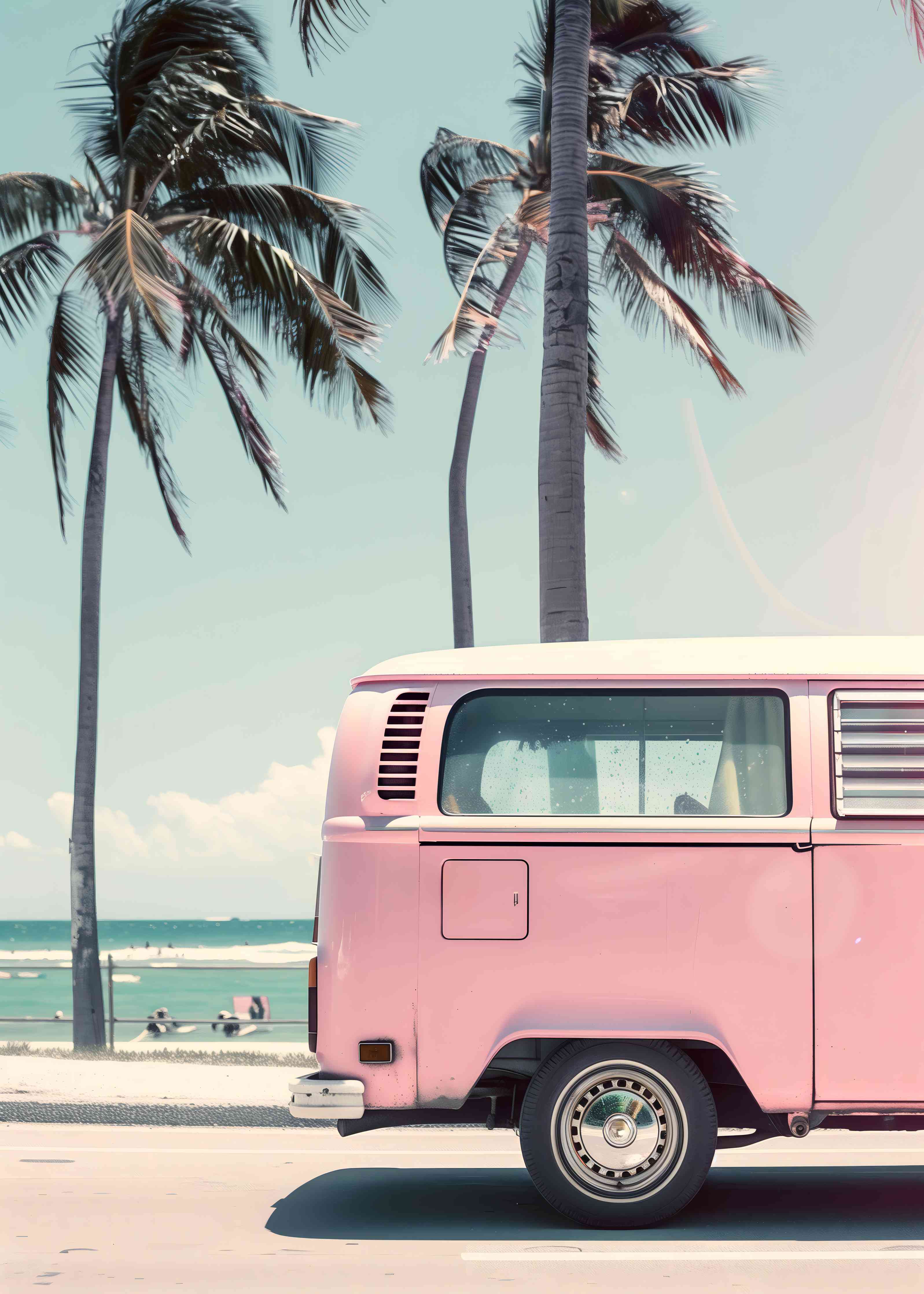 Große Wandbilder-Pinke Vintage-Jeep vor Palmen am Strand