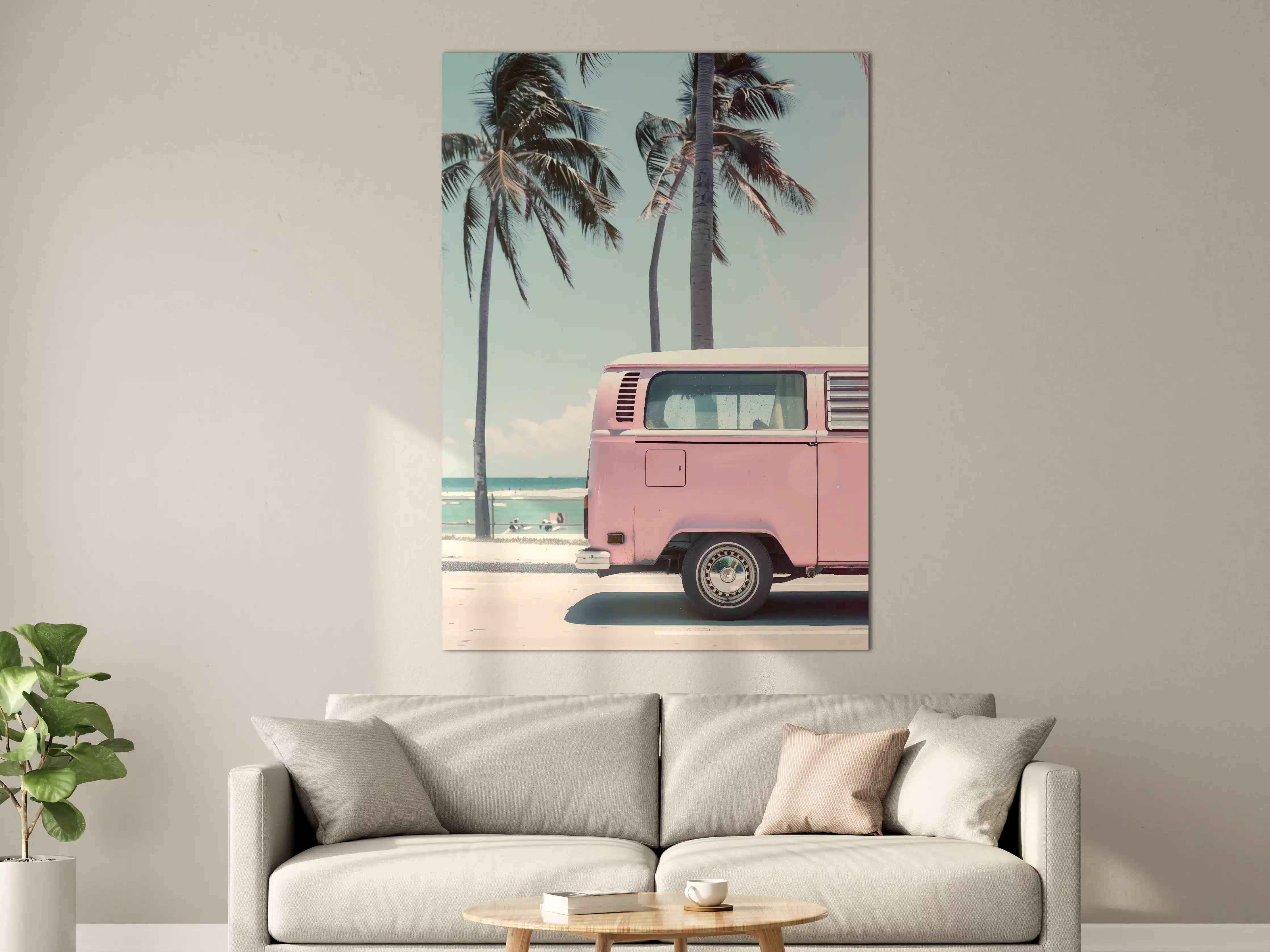 Große Wandbilder - Pinke Vintage-Jeep vor Palmen am Strand