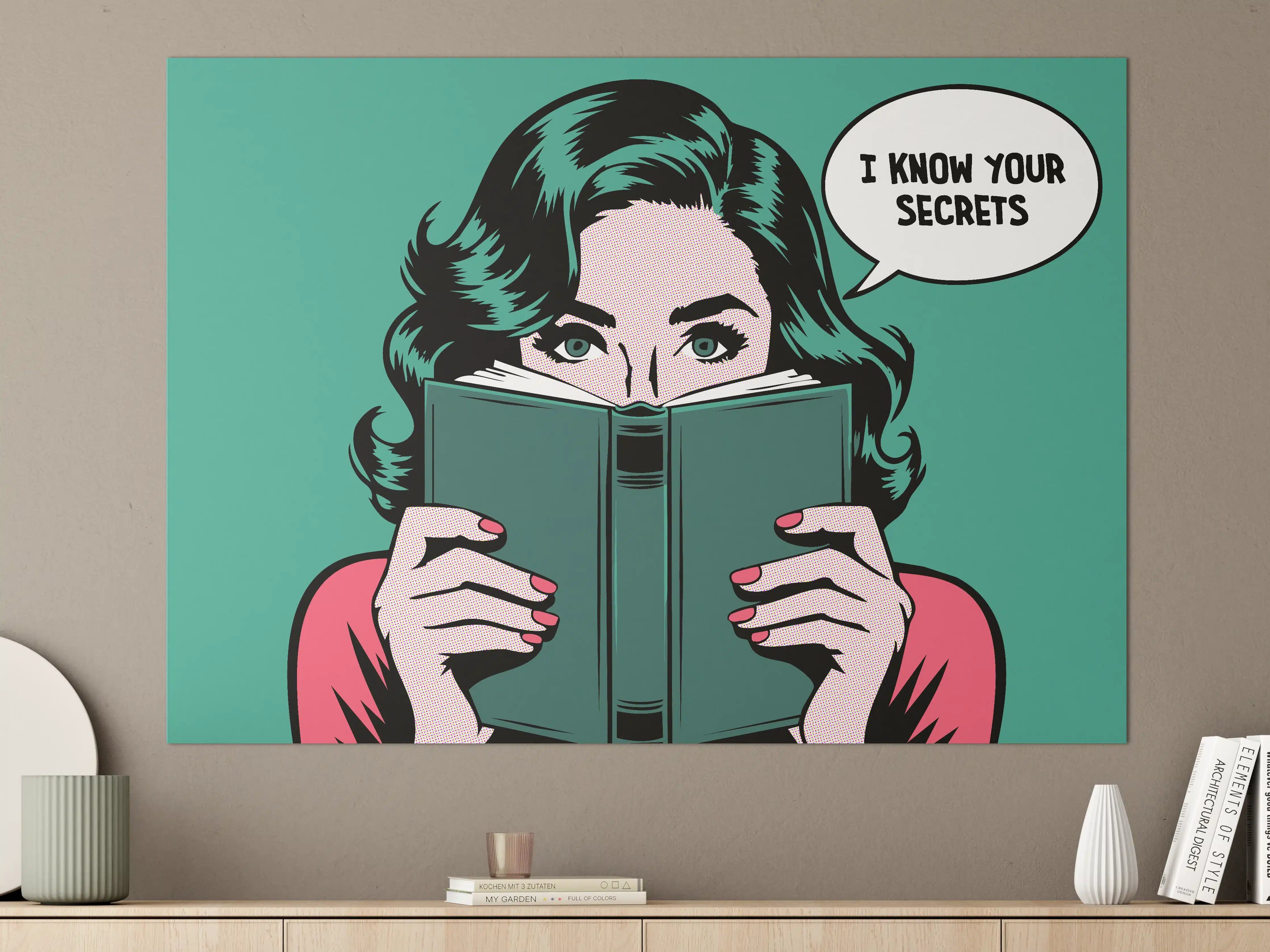 Große Wandbilder - Pop-Art Frau mit Buch, Geheimnis