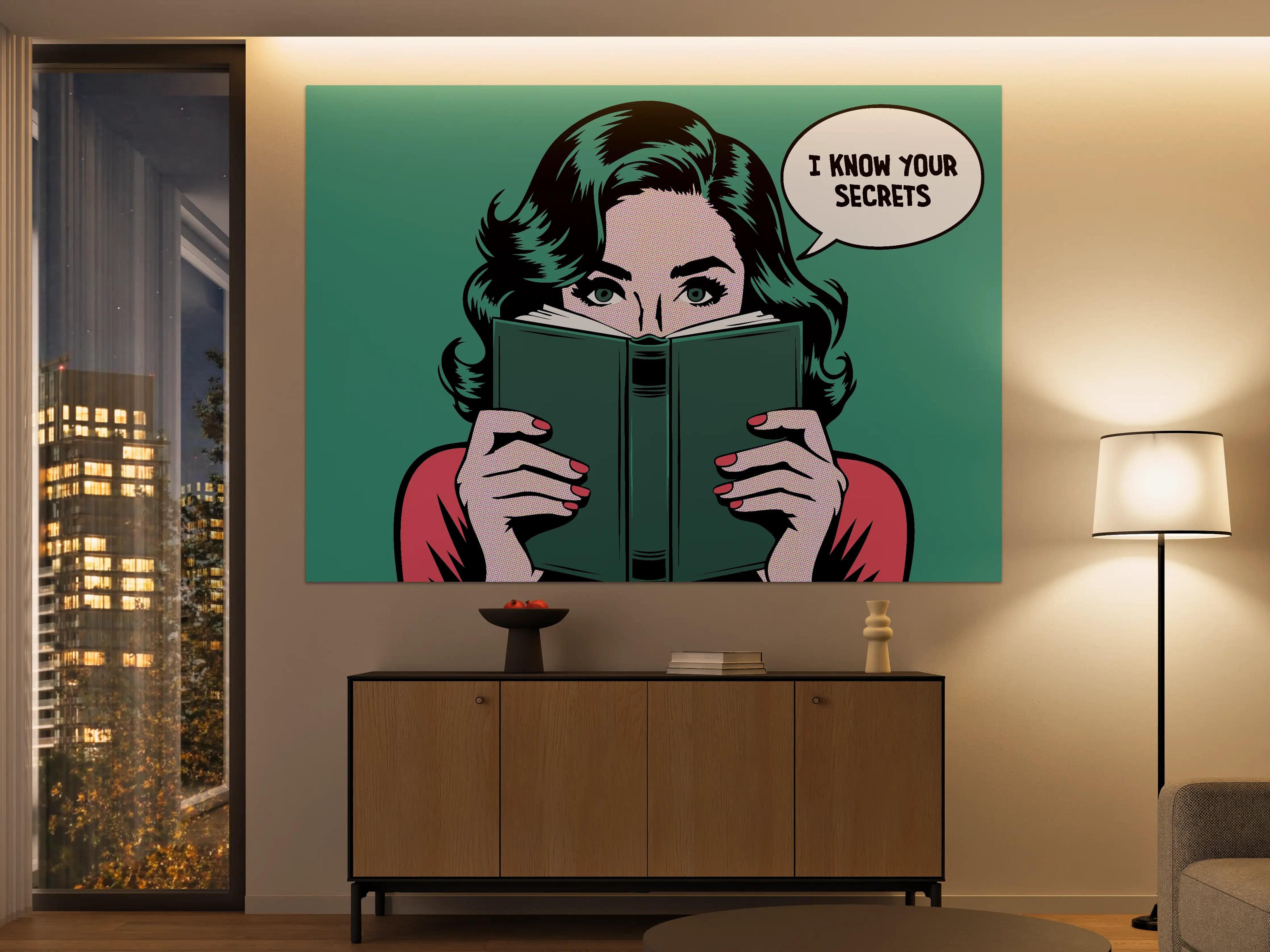 Große Wandbilder - Pop-Art Frau mit Buch, Geheimnis