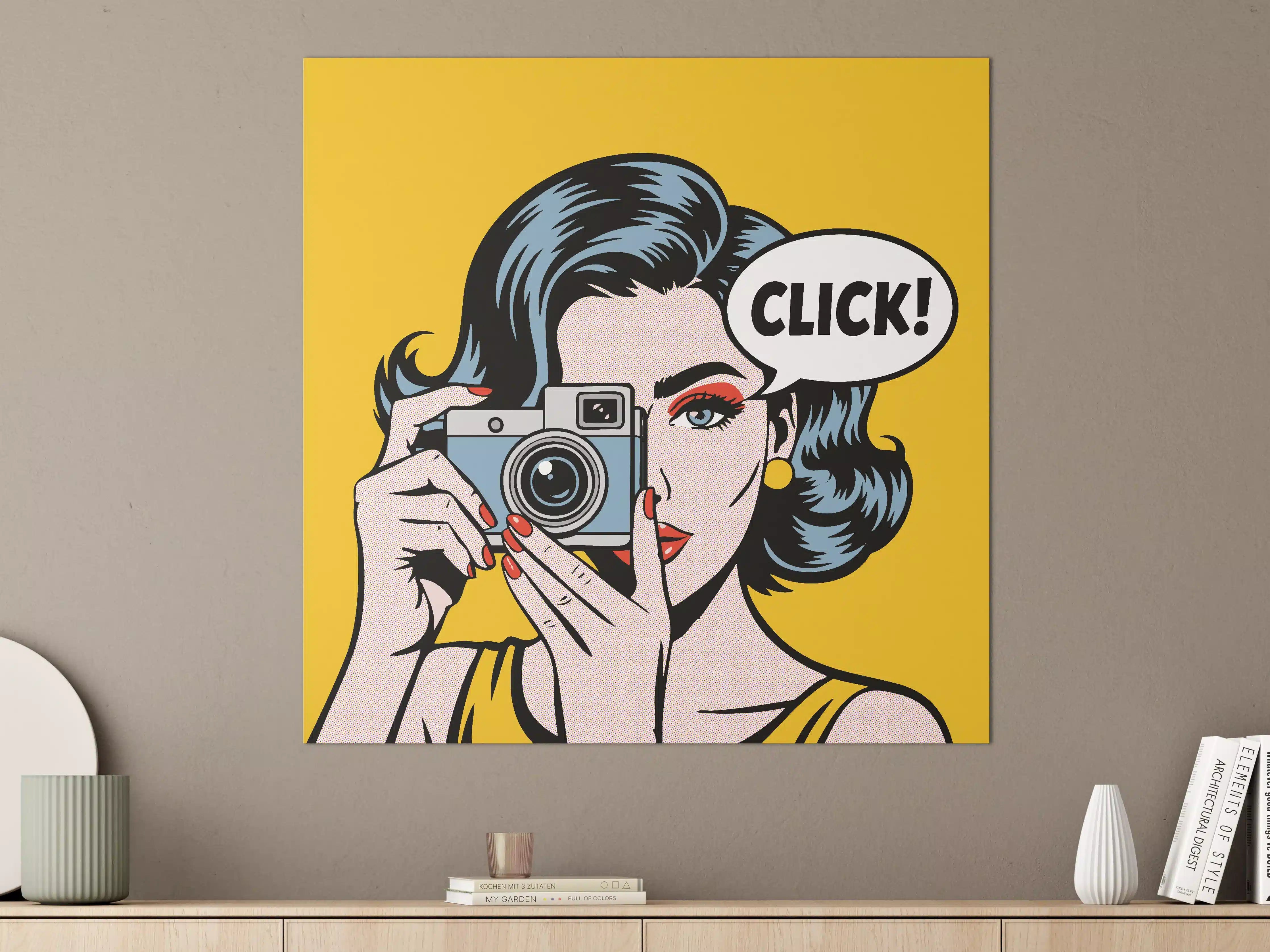 Große Wandbilder - Pop-Art Frau mit Kamera in Gelb