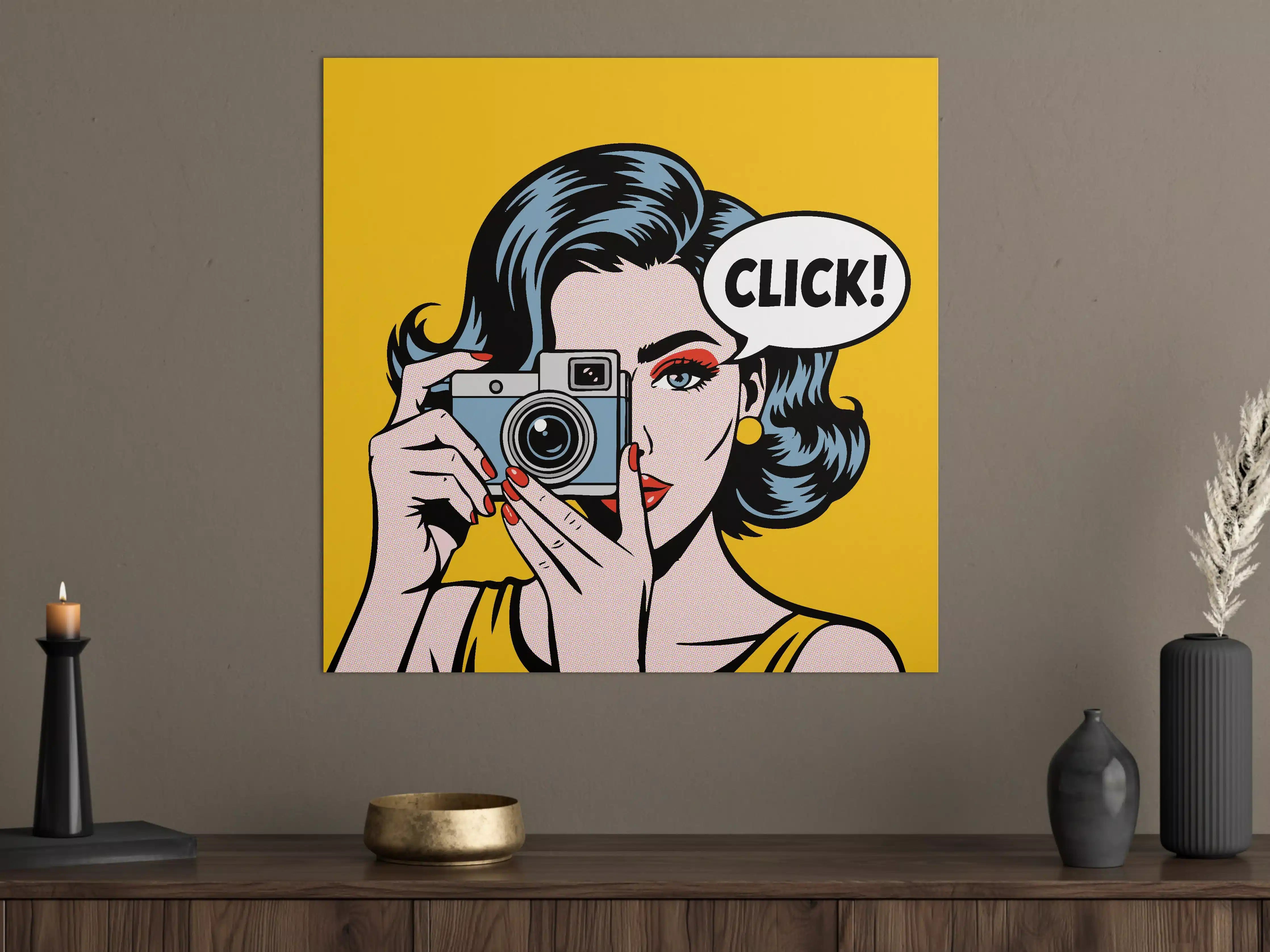 Große Wandbilder - Pop-Art Frau mit Kamera in Gelb