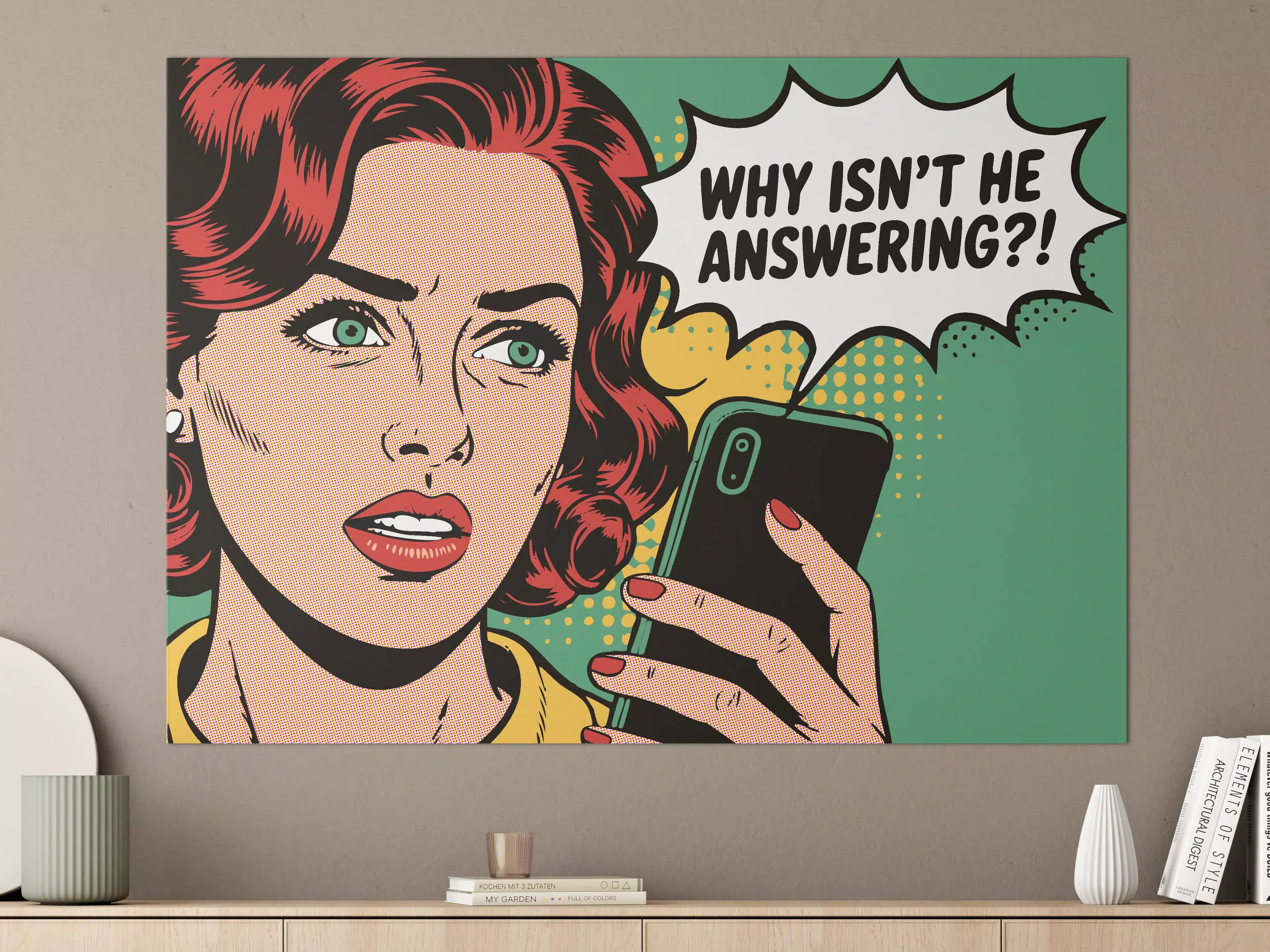 Große Wandbilder - Pop-Art Frau mit Smartphone in Schwarz-Grüner Farbgestaltung