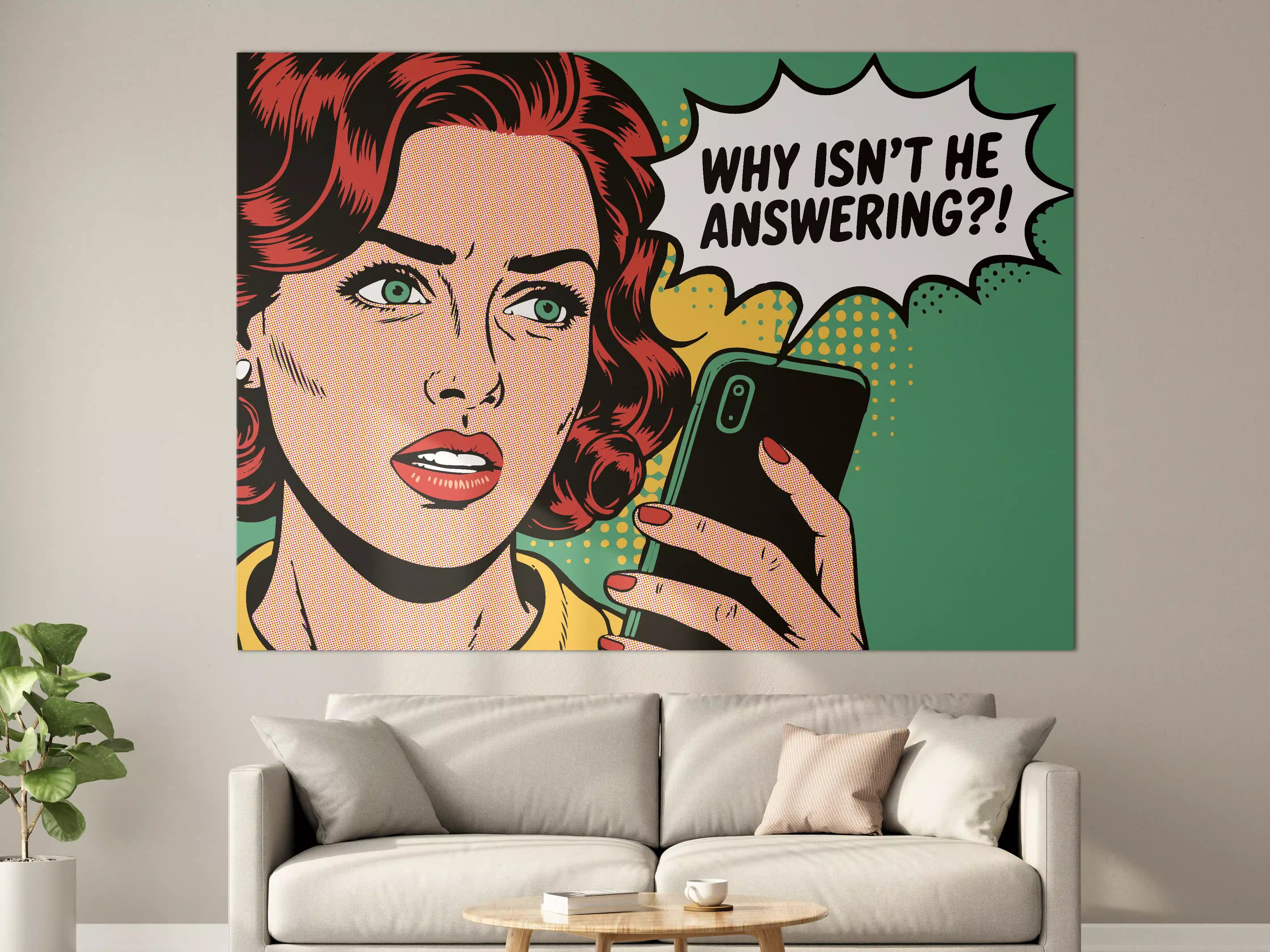 Große Wandbilder - Pop-Art Frau mit Smartphone in Schwarz-Grüner Farbgestaltung
