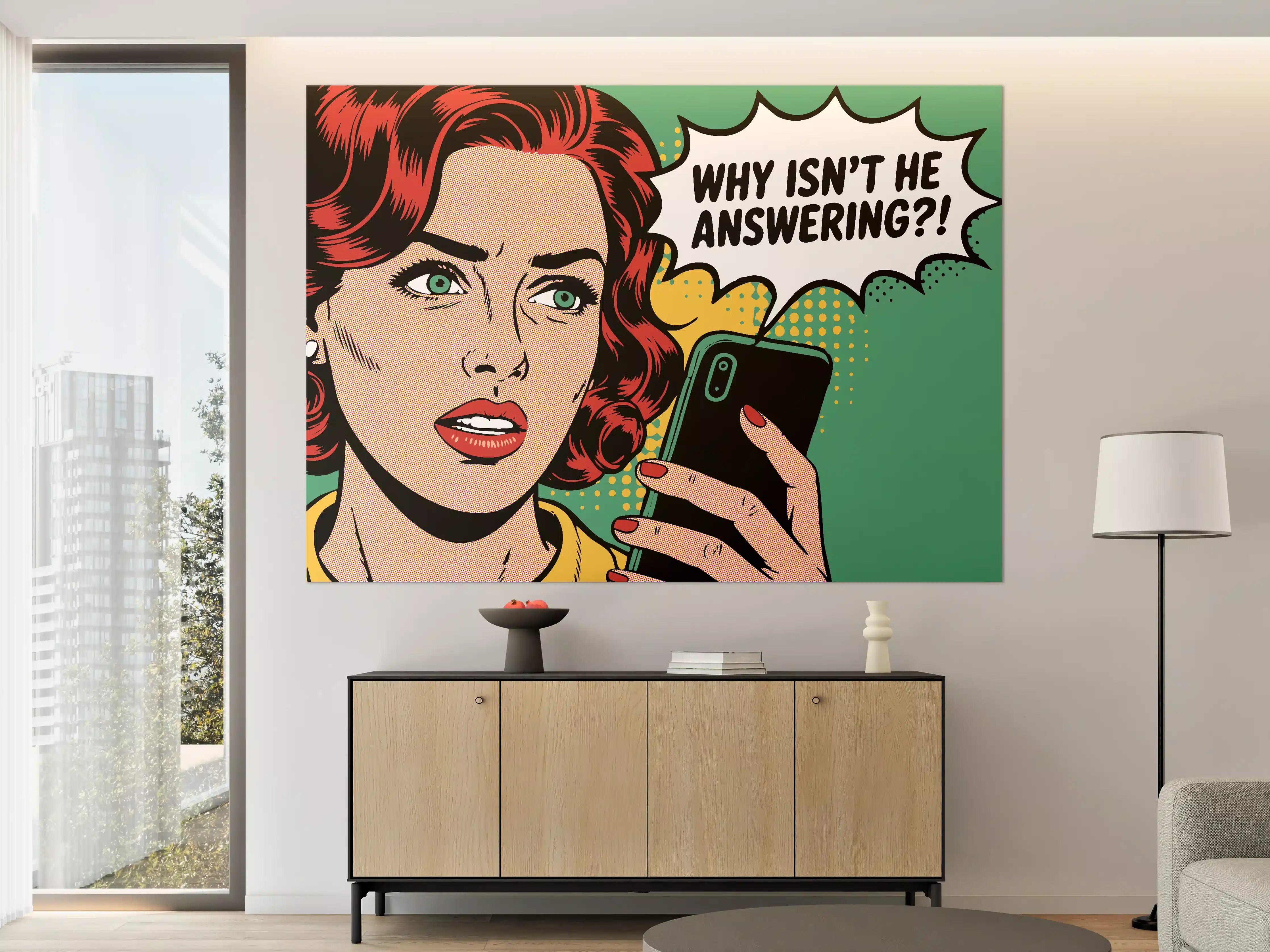 Große Wandbilder - Pop-Art Frau mit Smartphone in Schwarz-Grüner Farbgestaltung