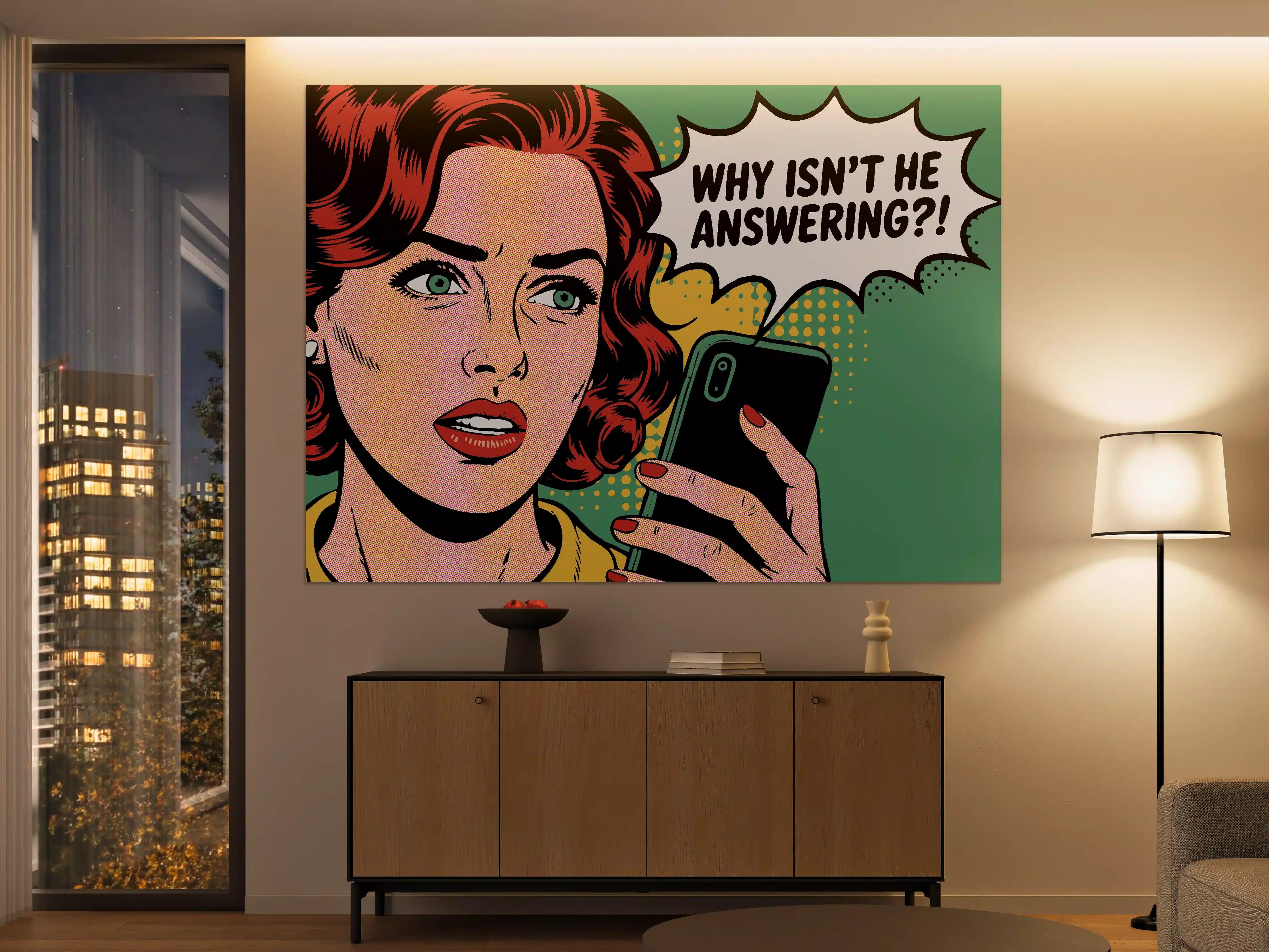 Große Wandbilder - Pop-Art Frau mit Smartphone in Schwarz-Grüner Farbgestaltung