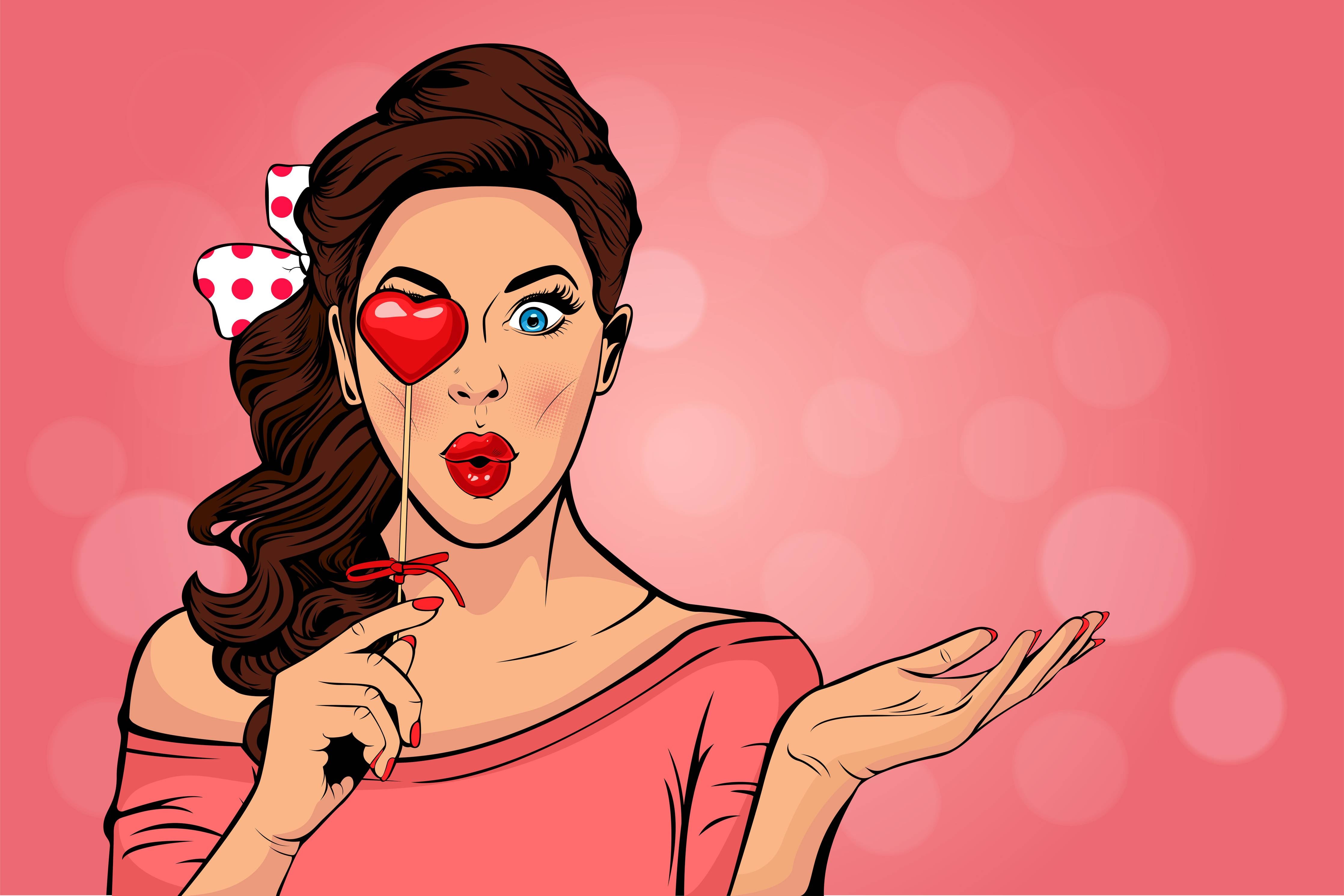 Große Wandbilder-Pop-Art-Lady-mit-Herz-Lolly