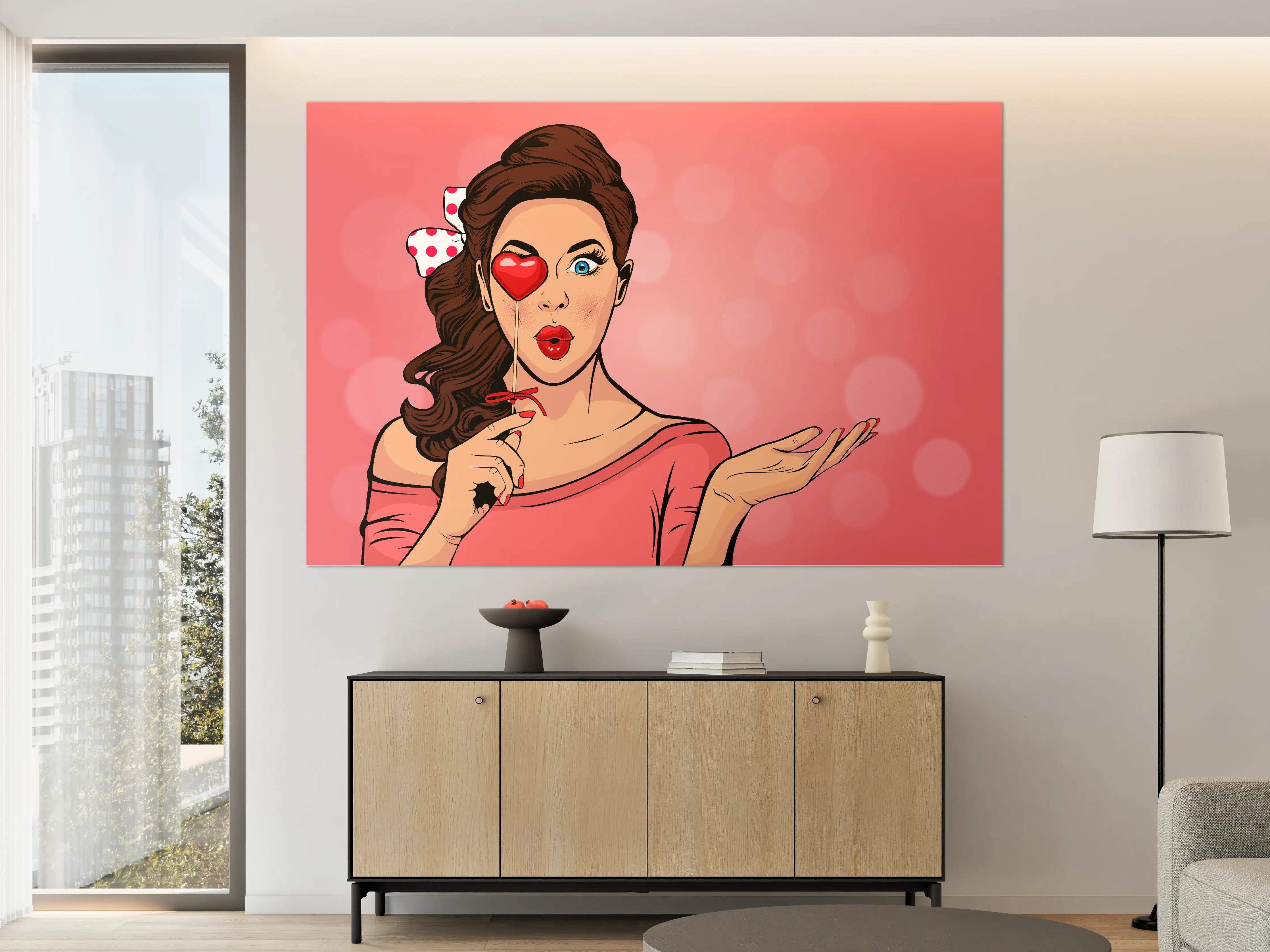 Große Wandbilder - Pop-Art-Lady-mit-Herz-Lolly