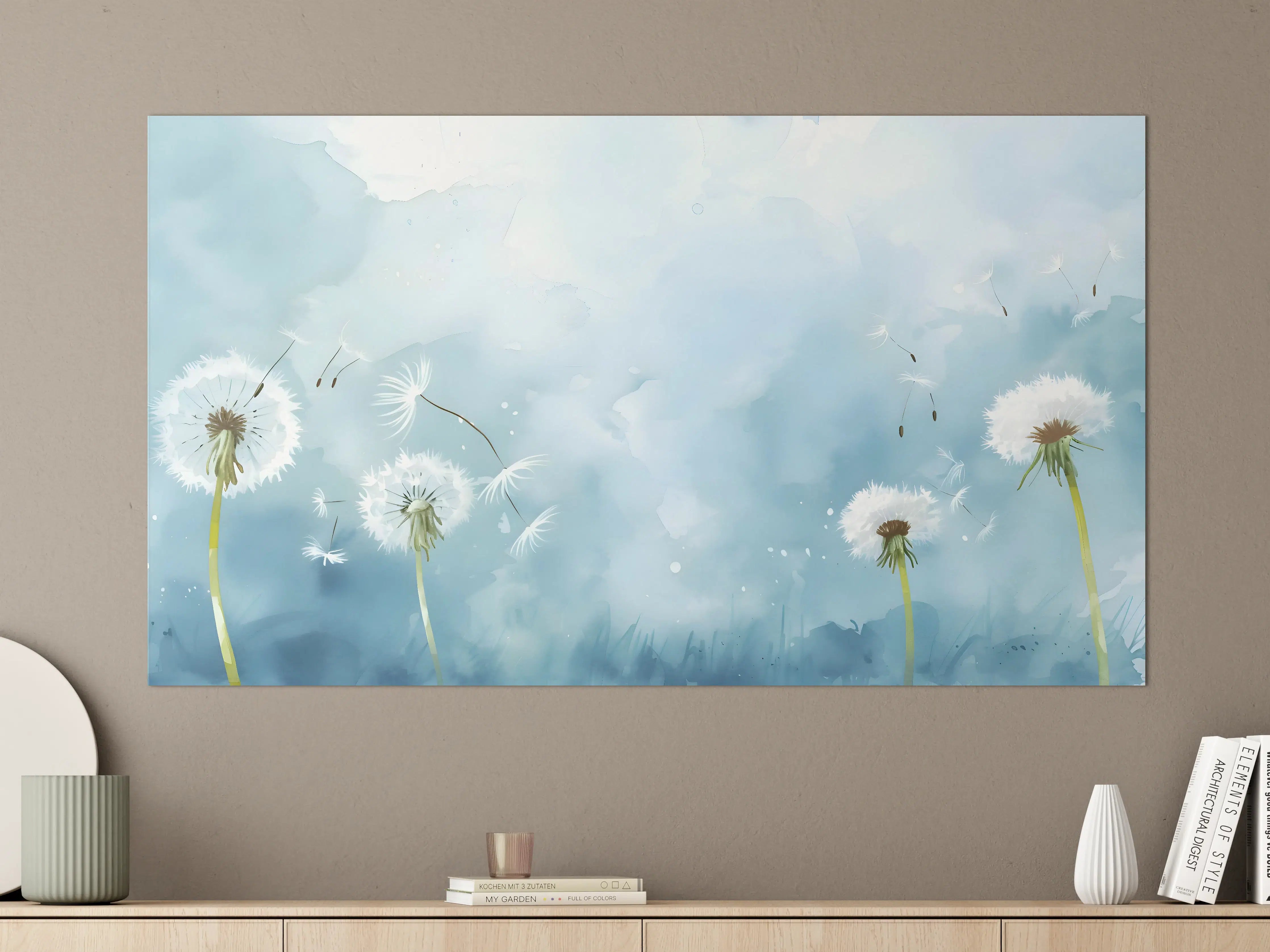 Große Wandbilder - Pusteblumen Aquarell Blau-Weiß