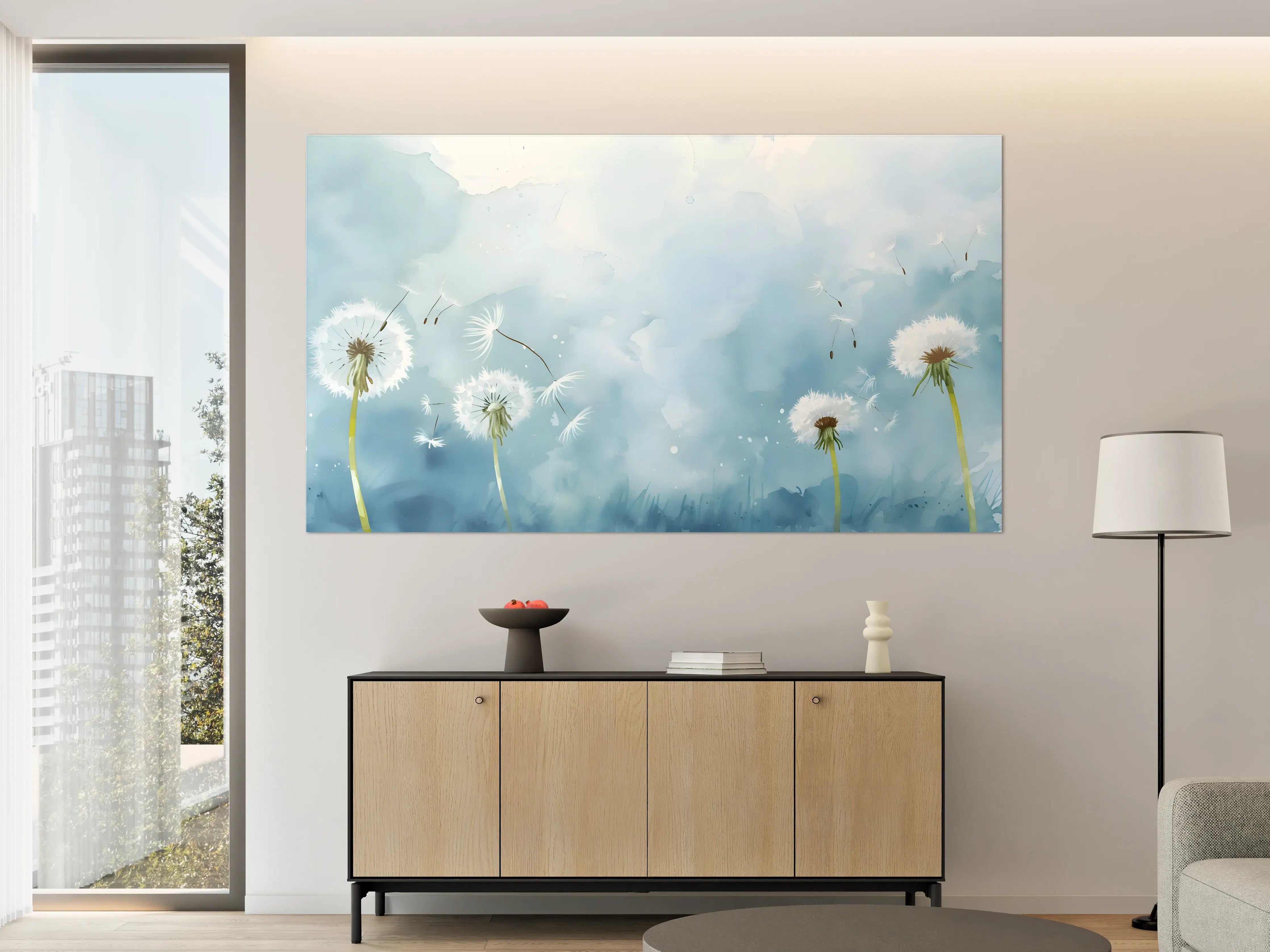 Große Wandbilder - Pusteblumen Aquarell Blau-Weiß